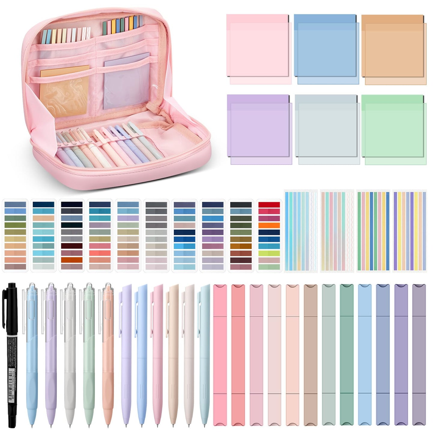 Trandraft 135 Pcs Book Annotation Kit Aesthetic Pencil Case Bag 12 Highlighter 11 Gel Pen 1 Marker 300 Sheet Transparent Sticky Notes Pad 2640 Index Stickers Bible Study Supplies (Kawaii,Pink)