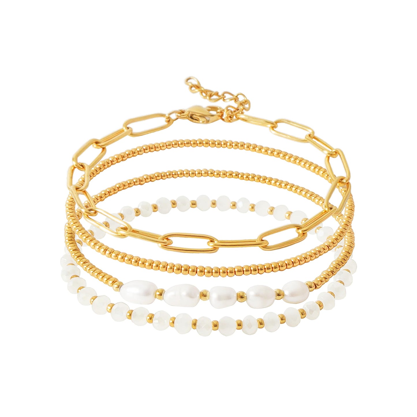 Pymach Dainty Gold Plated Pearl Crystal Beaded Bracelets Set for Women 14K Gold Plated Bead Pearl Beads Bracelet Stackable Paperclip Link Chain Bracelets Gold Plated Bracelets for Women Trendy Jewelry