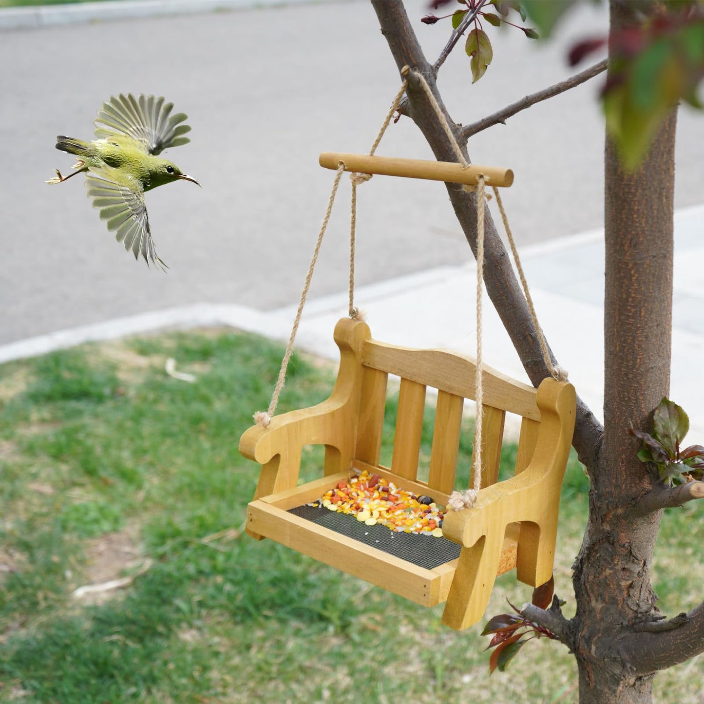GDYOOSHOW Set of 2 Regency Porch Swing Bird Feeder Cedar Bench Shaped Squirrel Feeder for Outside Draining Metal Mesh Base (Light Yellow 2pcs)