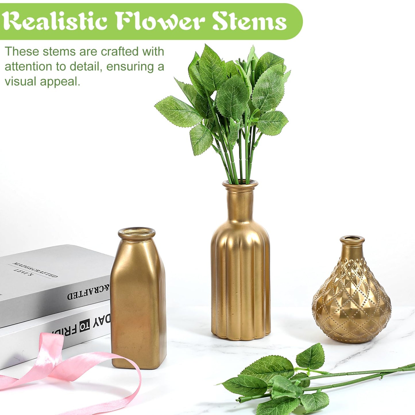Tolare 120 Pcs Rose Stems with Leaves, Fake Flower Stems Artificial Plastic Floral Wire DIY Craft Supplies for Bouquet Making Wedding Party Home Decor Arrangement Tools