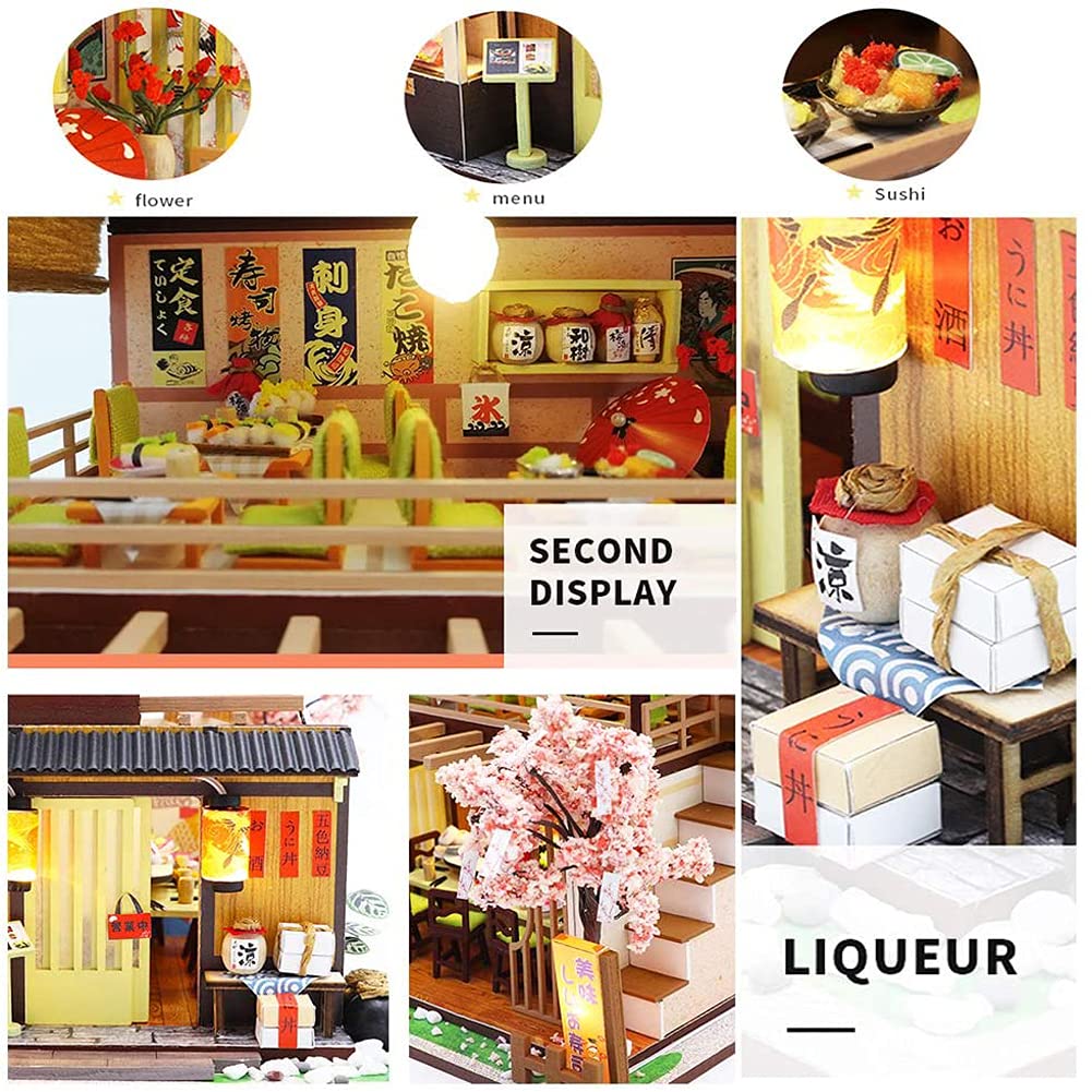 SYW DIY Miniature Dollhouse Kit with Furniture and LED Light，Japanese Sushi Shop Wooden Dollhouse, 1:24 Scale Creative Doll House Toys for Teen
