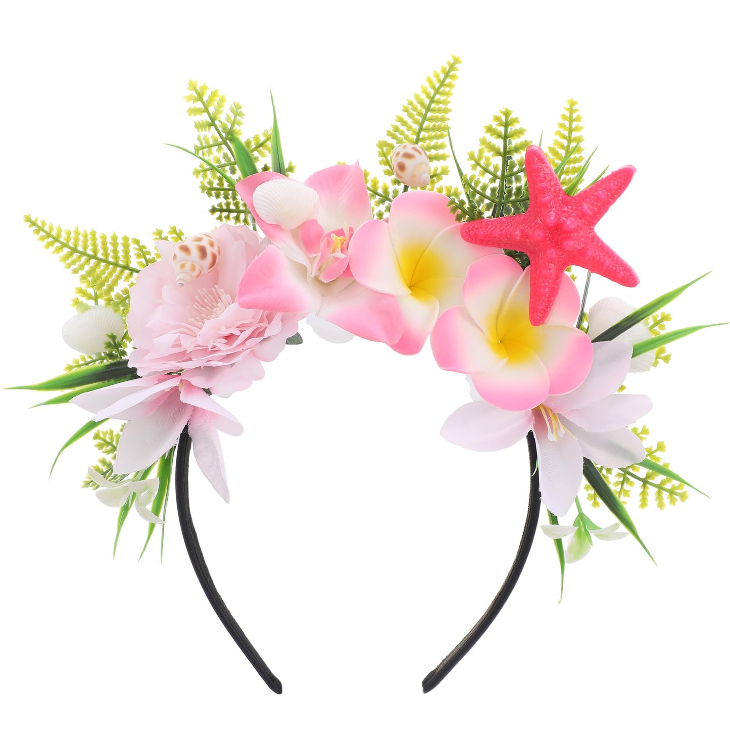 KorViSHOW Hawaiian Flower Crown Headband, Artificial Pink Orchid Plumeria Hawaii Floral Headpiec, Tropical Starfish Flower Headbands for Summer Beach Hula Dance Hair Accessories Party Favor Supplies