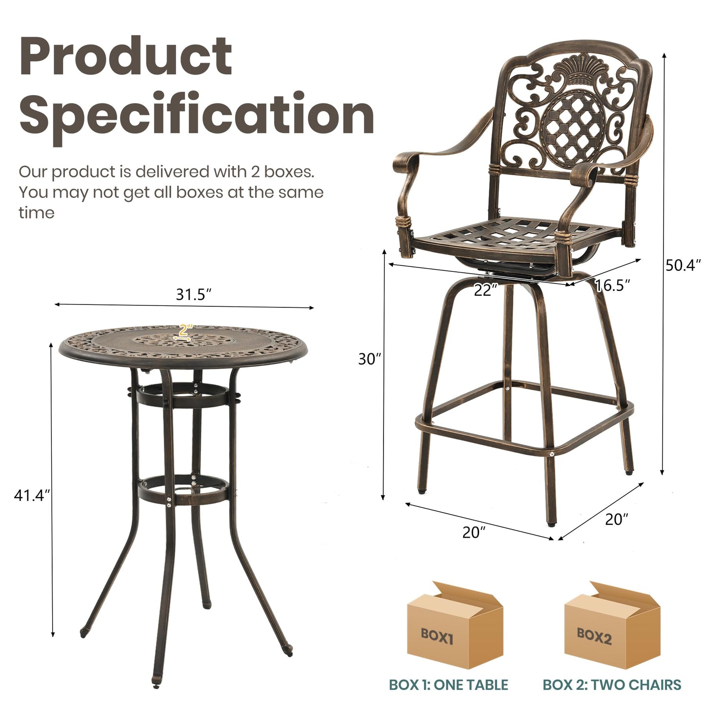 Pamapic 3-Piece Patio Swivel Bar Stools Set，Rustproof Cast Aluminum Patio Bar Sets 2，All-Weather High TopTable and Chairs Furniture Set Garden, Balcony, Bronze
