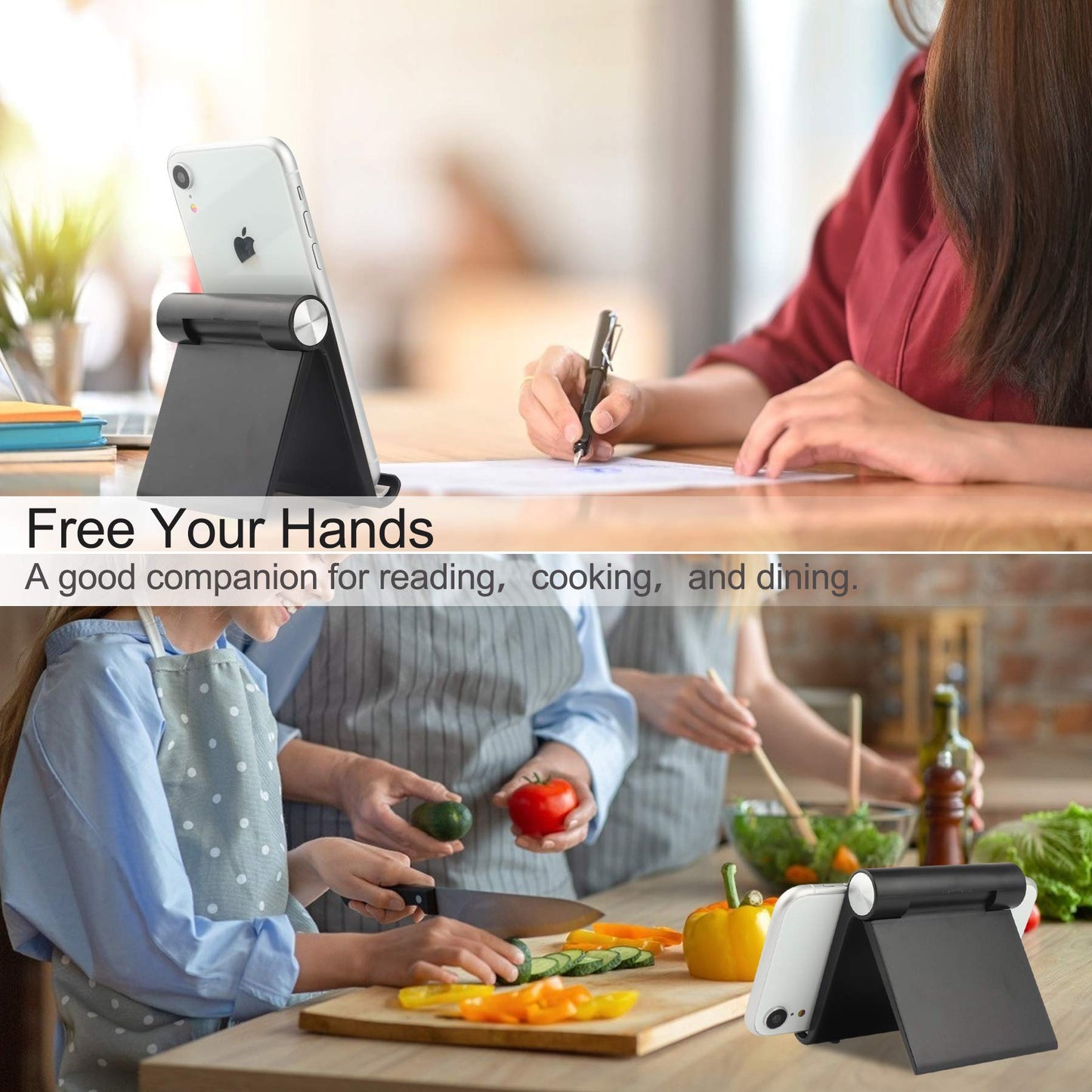 HIHUHEN Mobile Phone Holder, Phone Stand Desk Desktop Mobile Holder Adjustable Foldable Portable Video Call Mount (1PH -Black)