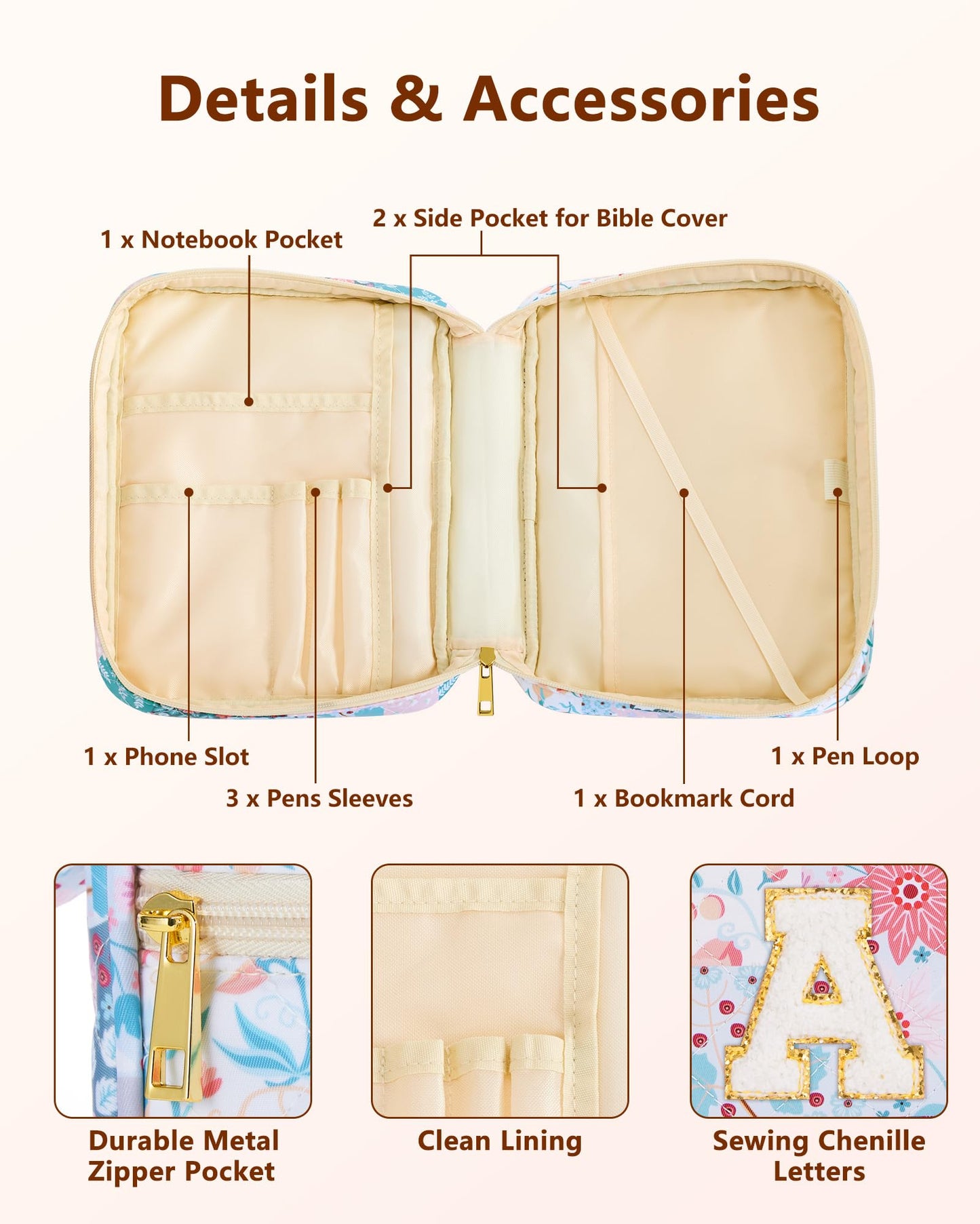 Oterri Bible Cover Case For Women, Large Bible Cover With Bible Study Supplies Accessories, Quilted Soft Bible Tote Bags Church,Classroom,Campus,Neighborhood Association (Flower Quilt-A, Large)