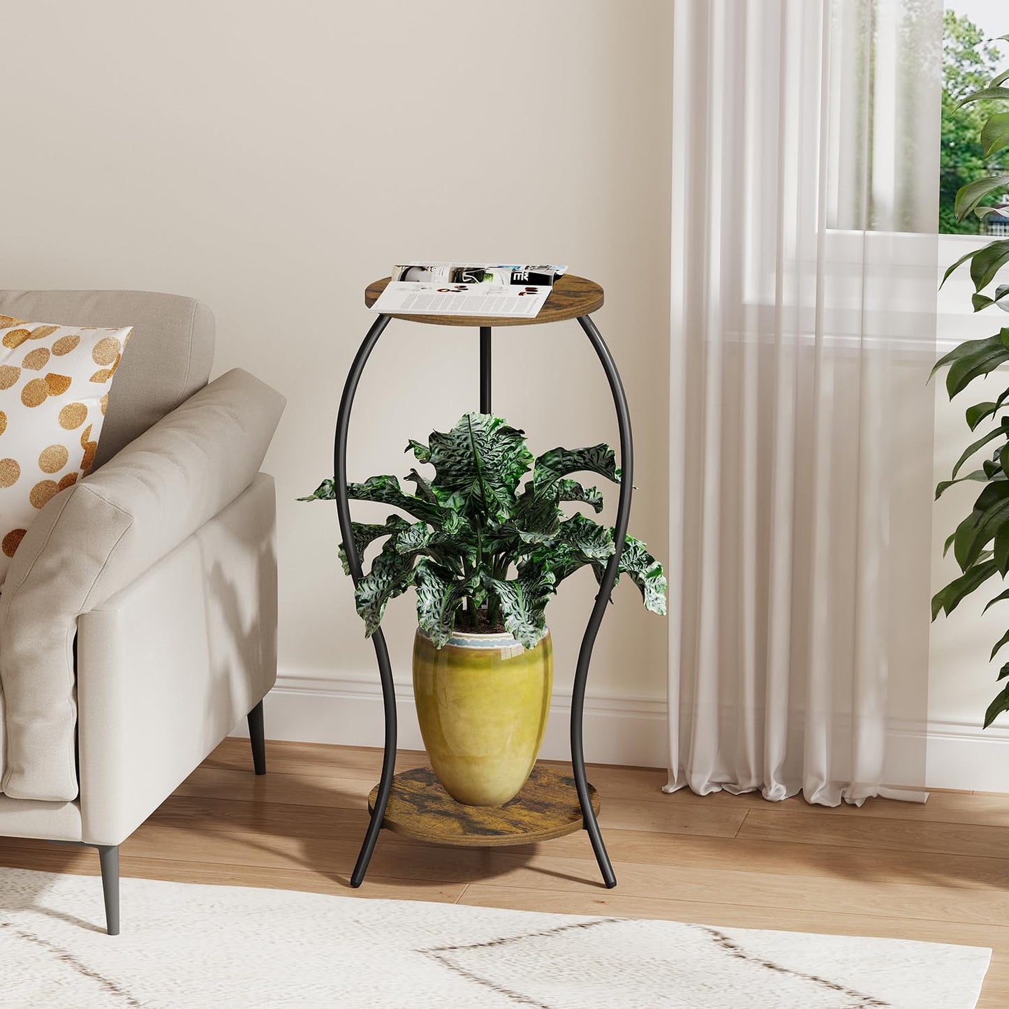 VYUOL Plant Stand Indoor, 2 Tier Round Tall Plant Stand, Flower Pot Stand, Plant Shelf Rack, Corner Plant Stand for Planter Garden Balcony Patio Living Room, Retro