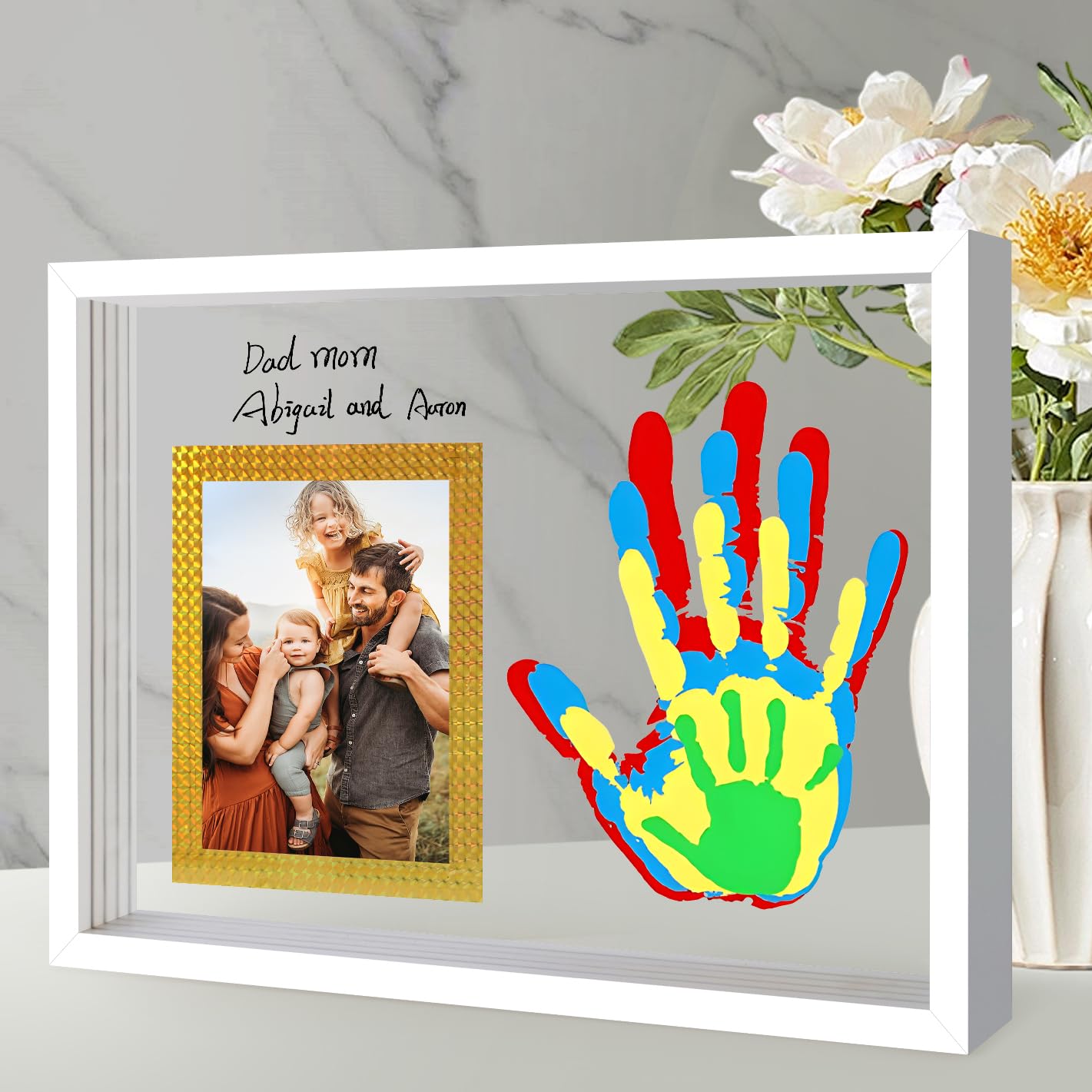 Family Handprint Keepsake Frame Kit with Photo Display – DIY 3D Floating Layered Design for Mom, Dad and Baby – Safe Non-Toxic Paint Set for Footprints – Perfect Baby Shower Gifts, New Parents Couples Keepsake, Home Decor 13.1x9.6 Inch (White)