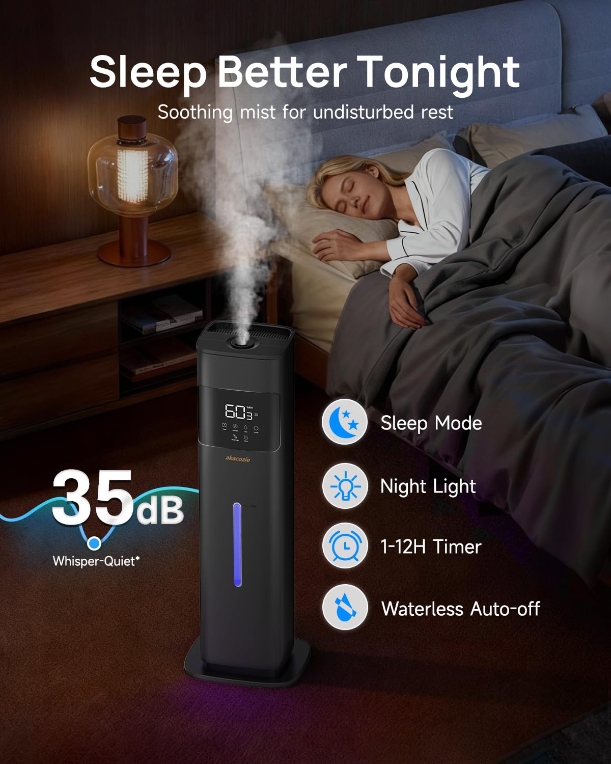 Akacozie Warm & Cool Mist Humidifiers for Bedroom 500 sq ft, 2.1Gal/8L Top-Fill Humidifier Large Room with Essential Oil Diffuser, Large Room Humidifiers for Home Baby Nursery Office Plants, Black
