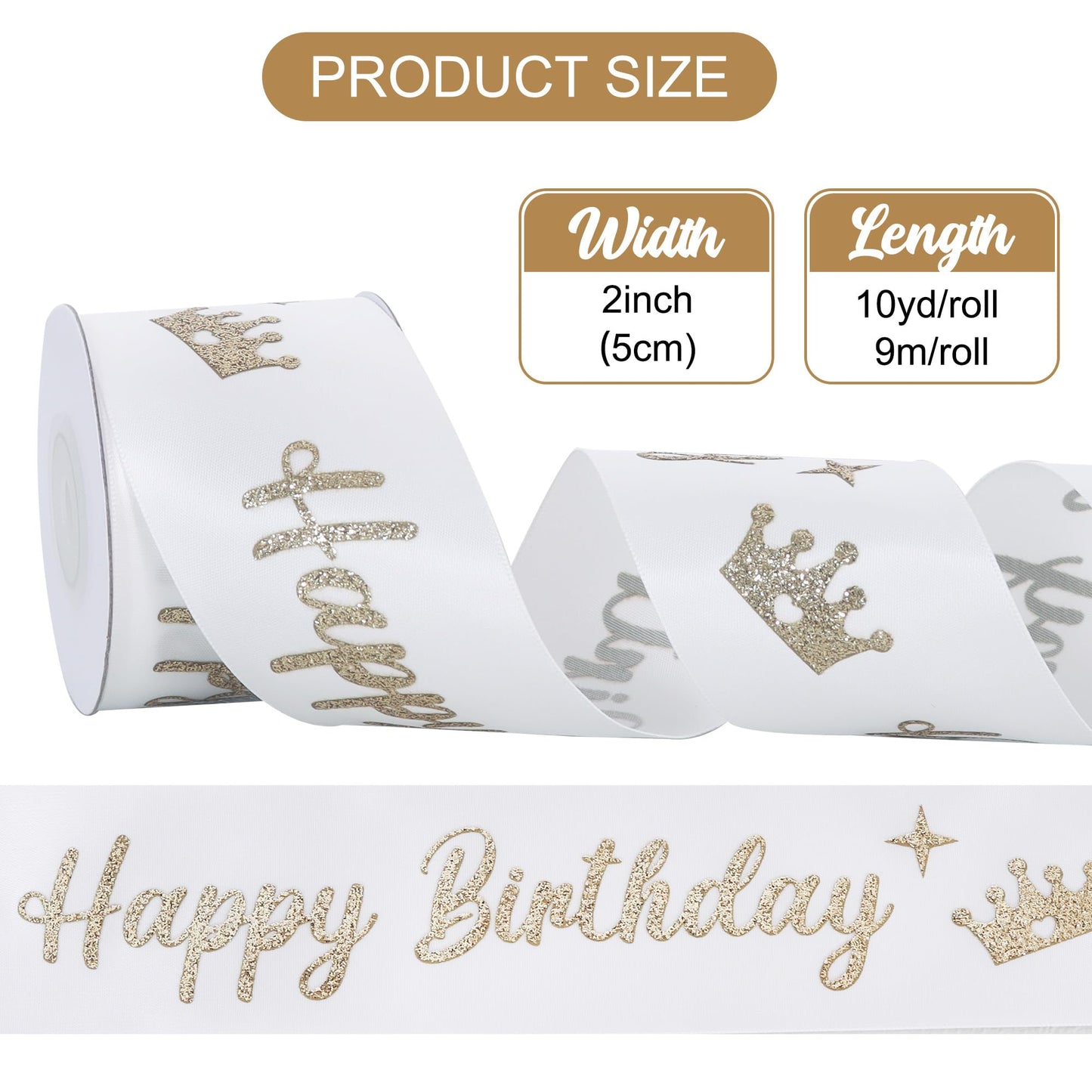 TONIFUL White Glitter Happy Birthday Satin Ribbon 2 Inch x 10 Yards Wide Printed Shiny Ribbon for Gift Wrapping,Flower Bouquet Decoration,Crafts,Banner Making and Party Supply