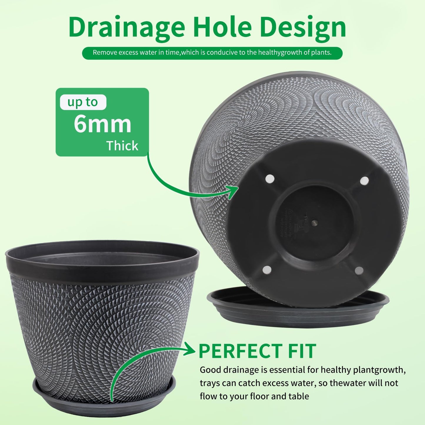 Quarut 4 Pack 8 Inch Flower Pots Planters for Outdoor Indoor, Plastic Plant Pots with Drainage Hole & Tray, Modern Decorative Garden Pot with Saucer, planters for House (Gray)