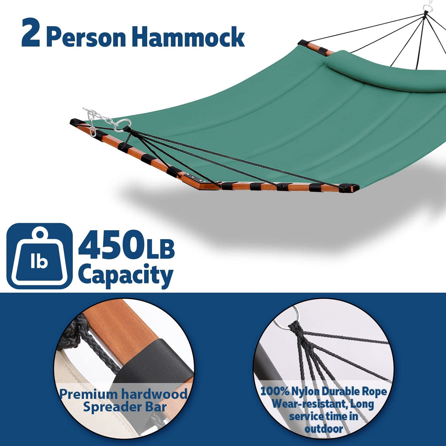 TegerDeger 12FT 2 Person Hammock Large Hammock 450LB Capacity with V Shaped Hardwood Spreader Bar & Nylon Rope for Outside, Patio, Garden, Backyard, Beach, Poolside - Lake Blue