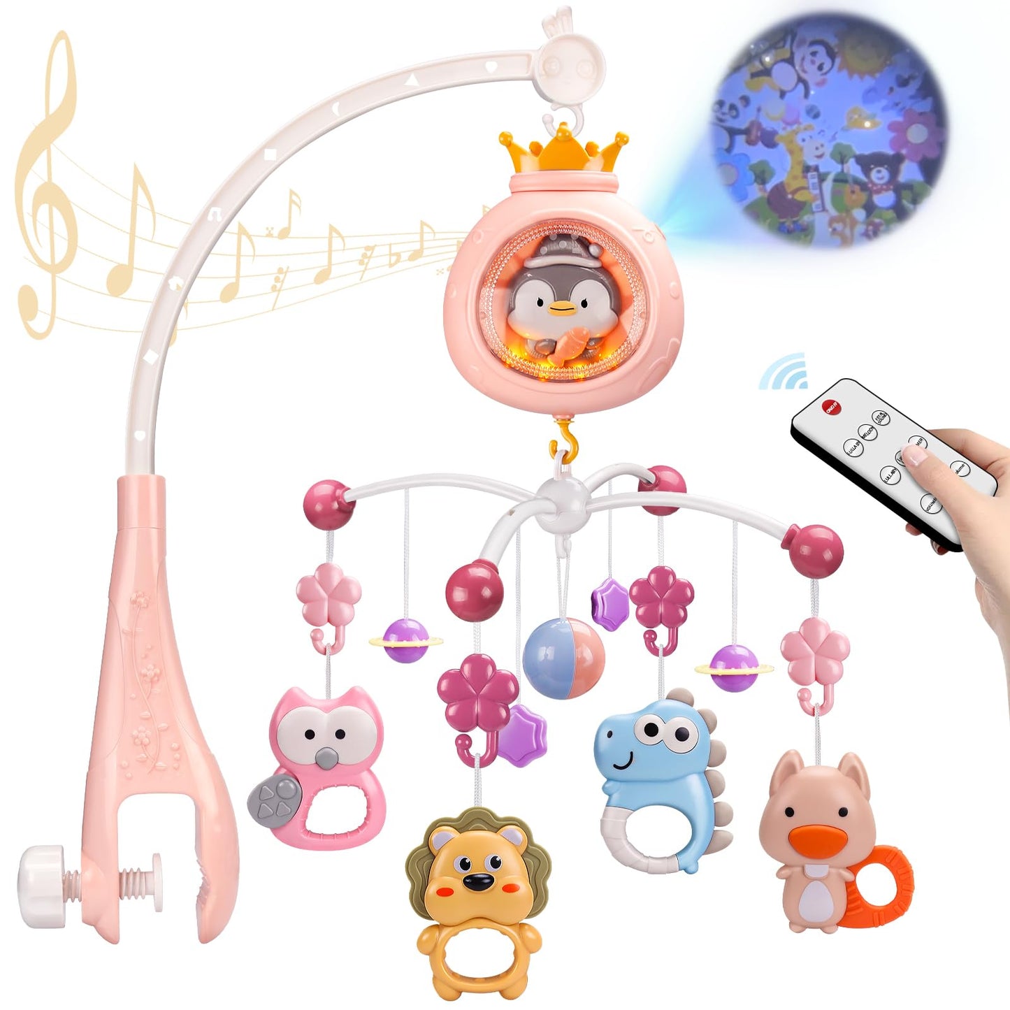 ZFSZSY Crib Mobile with Music and Lights,Mobiles for Cribs, Baby Mobile Arm Toys Hanging for Girls Boys Infants 0-6 6-12 Months, Bassinets Nursery Musical Portable Mobile Clip On Pack and Play(Pink)