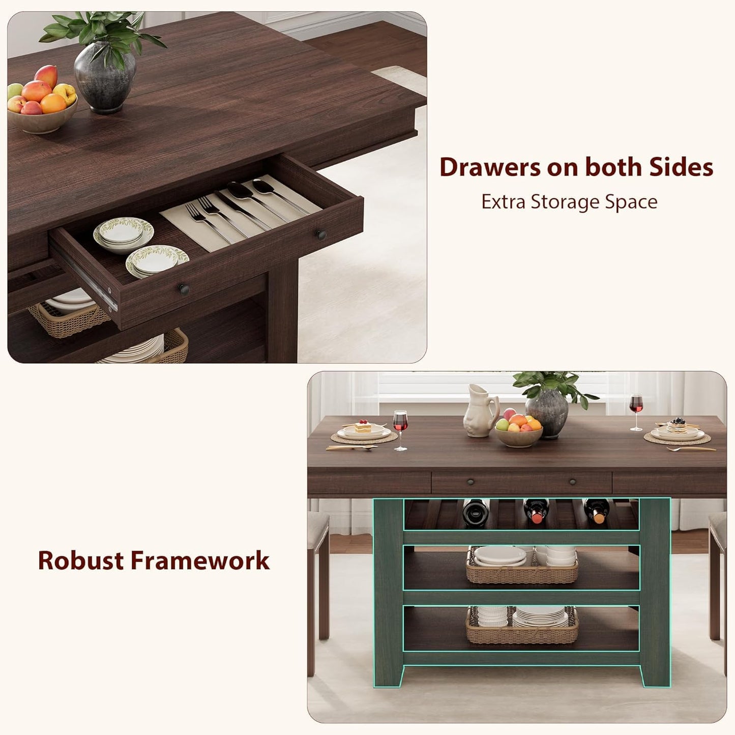 GarveeHome Tall Bar Height Dining Table for Kitchen & Bar, Seats 4-6, Heavy Duty Wood Counter Table with Thick Large Top, Deepened Wine Rack, 2 Drawers & 3 Shelves, for Kitchen, Bar, Rustic Brown