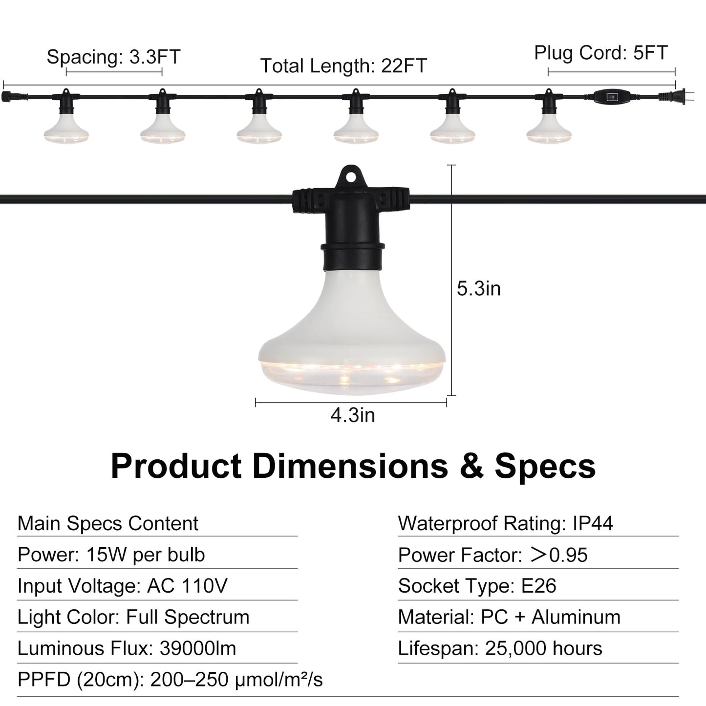 DingChen Outdoor Grow Lights Waterproof, Full Spectrum String Grow Light with 22FT Light String Cord for Seedling, Veg, Flower in Greenhouse, Garden, Backyard, Farm (6 Lights, with Smart Plug)