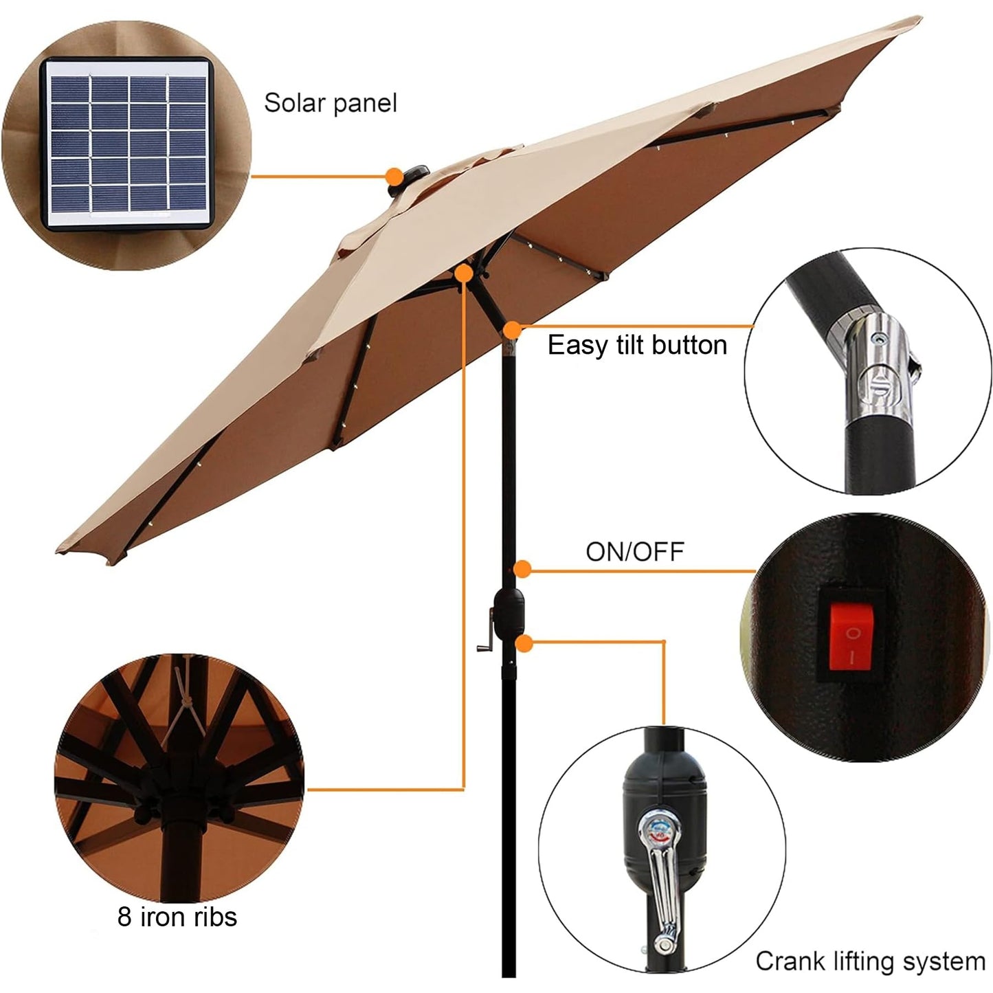 Blissun 9 ft Solar Umbrella, 32 LED Lighted Patio Umbrella, Table Market Umbrella, Outdoor Umbrella for Garden, Deck, Backyard, Pool and Beach (Tan)
