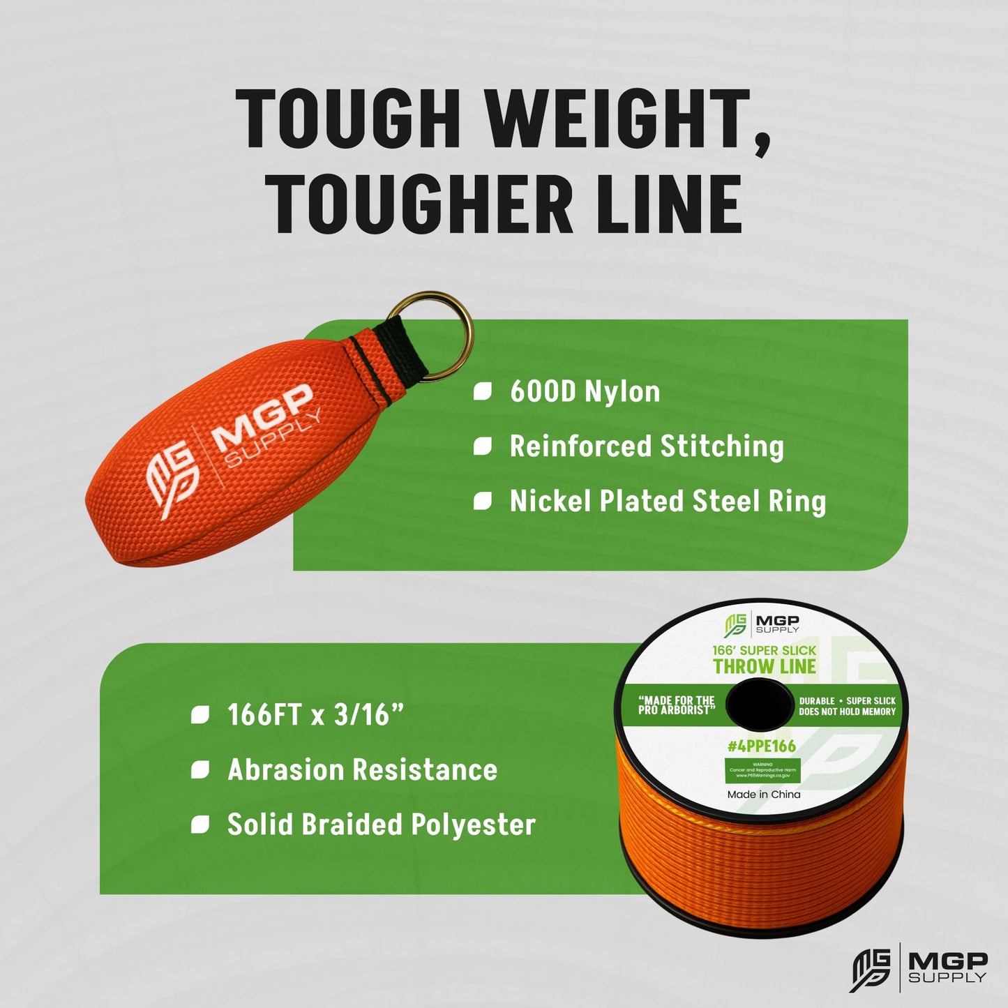 MGP SUPPLY Arborist Throw Line Kit | 11oz Throw Weight & 166ft Rope | Ultra Slick 100% Polyester Rope | Arborist Equipment For Tree Climbing