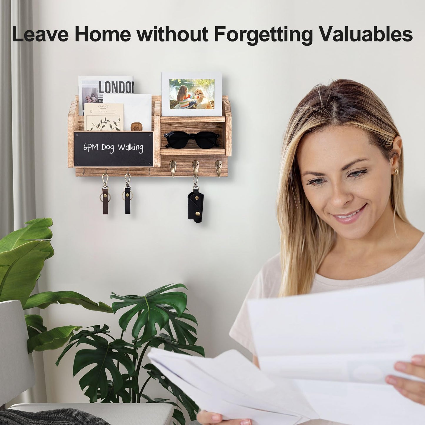 Lwenki Mail and Key Holder – Wall Mount Key Hanger with Shelf and 7 Metal Hooks – Decorative Natural Paulownia Wood Entryway Organizer with Mounting Hardware (16.5”W x 8.7”H x 3.5”D) (Wood)