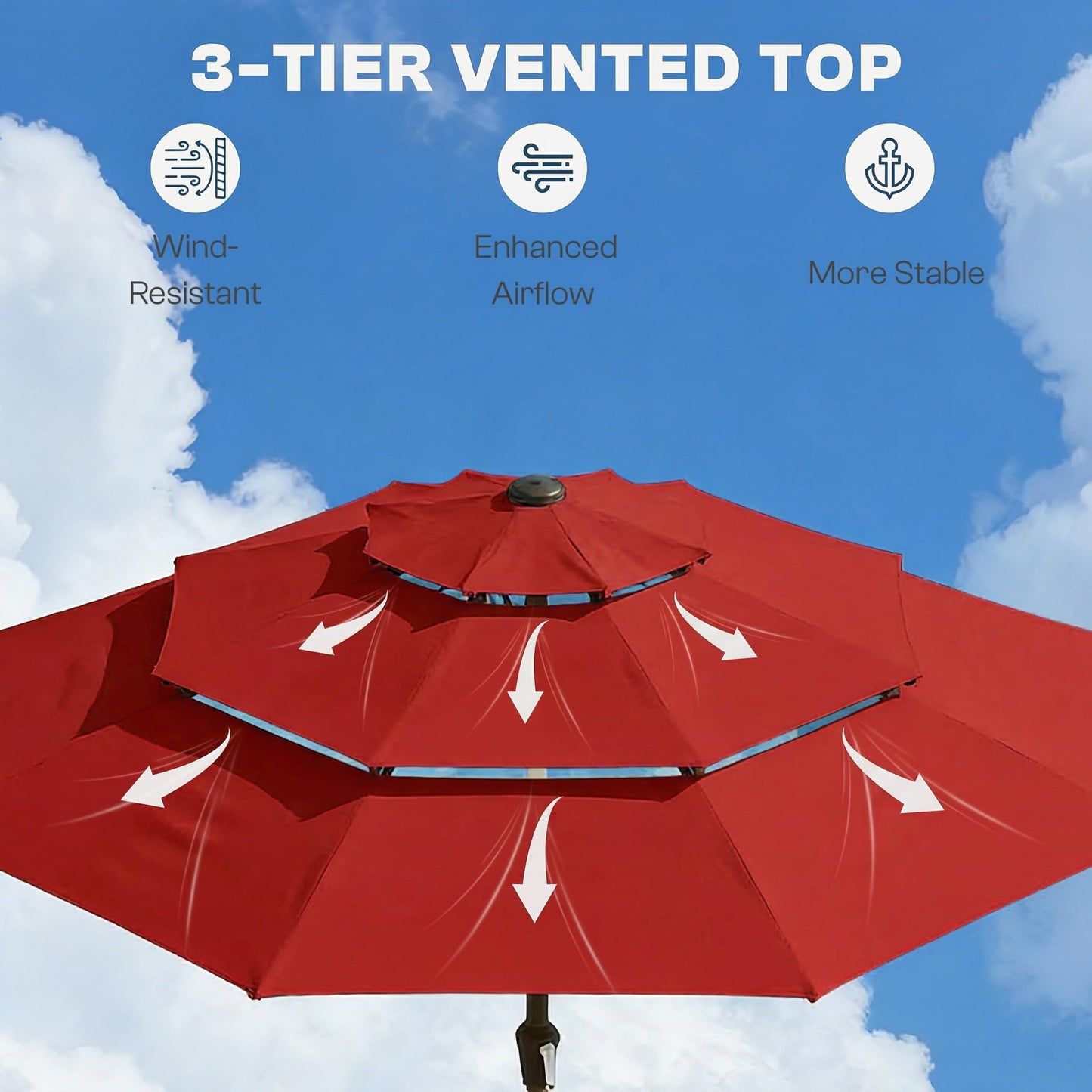 Tobeos 10ft 3 Tier Patio Umbrella, Outdoor Market Table Umbrella with UPF 50+ Vented Canopy, 8 Sturdy Ribs, Easy Push Button Tilt and Crank, Windproof for Deck, Pool, Backyard and Garden, Red