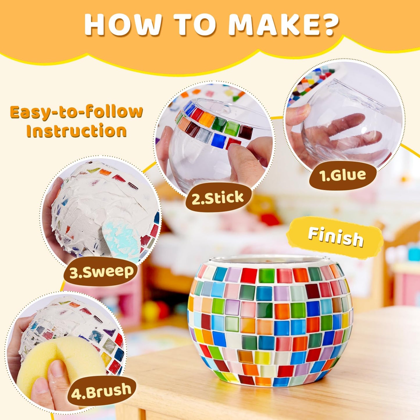 ONE TO FOUR Kids Craft Kit Mosaic Stained Glass Candle Holder - DIY Arts and Crafts for Kids Ages 8-12 & Adults, Turkish Night Light Making Kit, Ideal Home Decor Gift for Birthdays, Easter