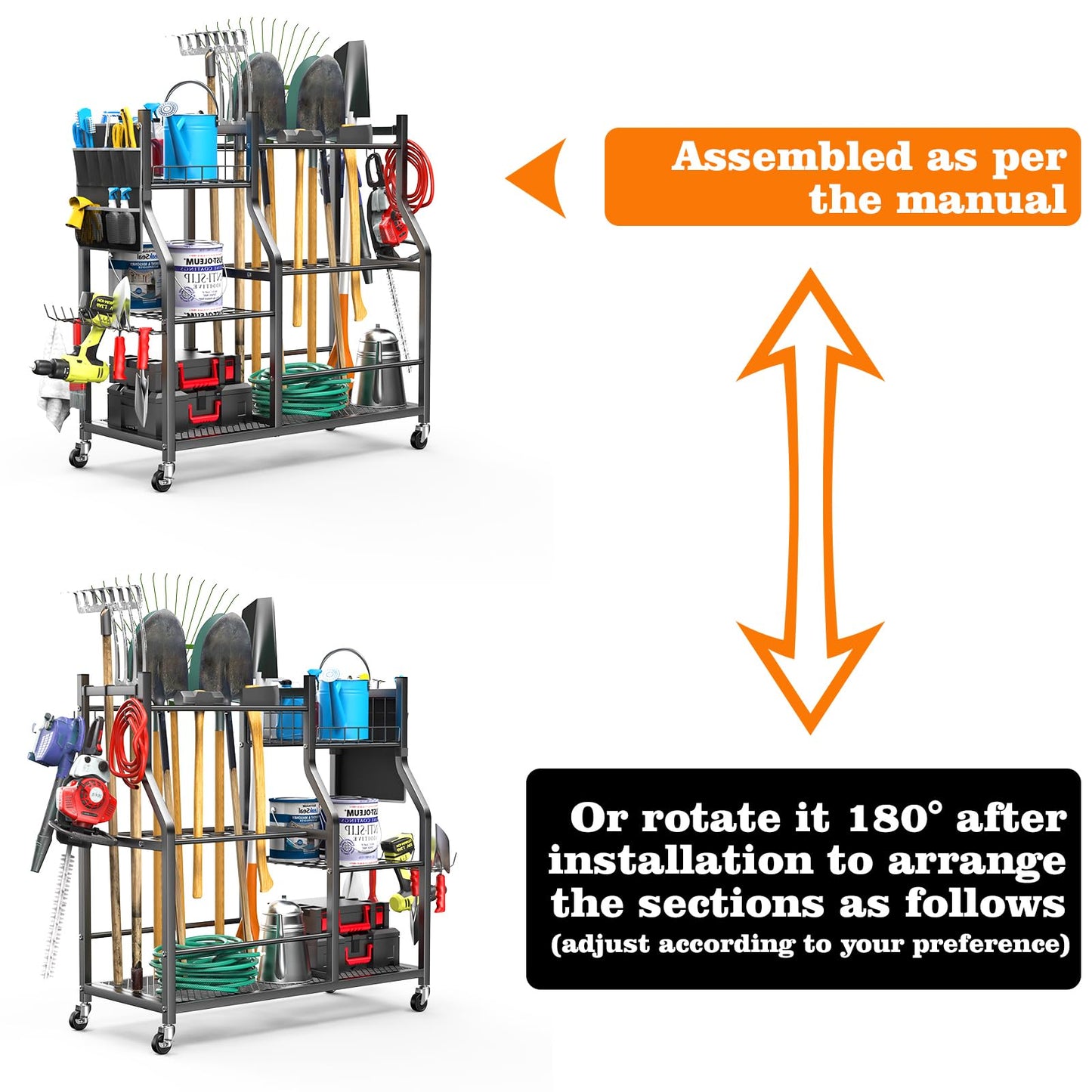 organizelink 36" Large Garden Tool Organizer with Wheels & Side Tool Bag, 3 Tier Rolling Garage Storage Rack for Long Handled Rakes, Shovels, Brooms, Freestanding Yard Tools Cart for Shed & Outdoors