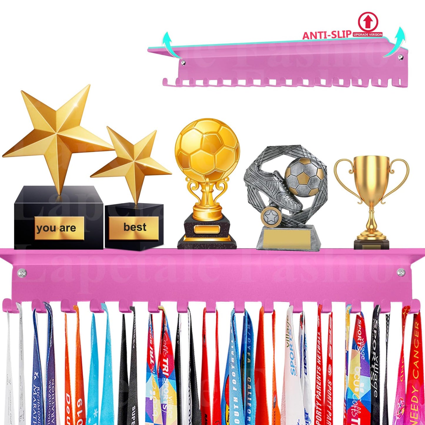 Lapetale Fashion Non-Slip Pink Trophy Shelf - 16 Inch Medal Hanger Display for Wall with Upgraded Shelves for Trophies, Gymnastics, Soccer, Swim