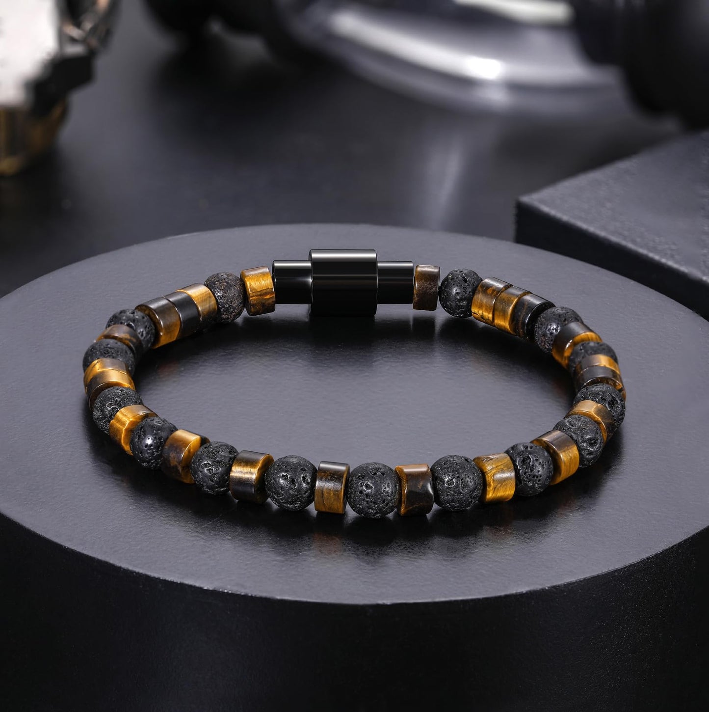 TRUMIUM Beaded Bracelets for Men Women Natural Hematite 6mm Tiger Eyes Mens Bracelet Gemstone Jewelry for Him 8.3 Inch Length