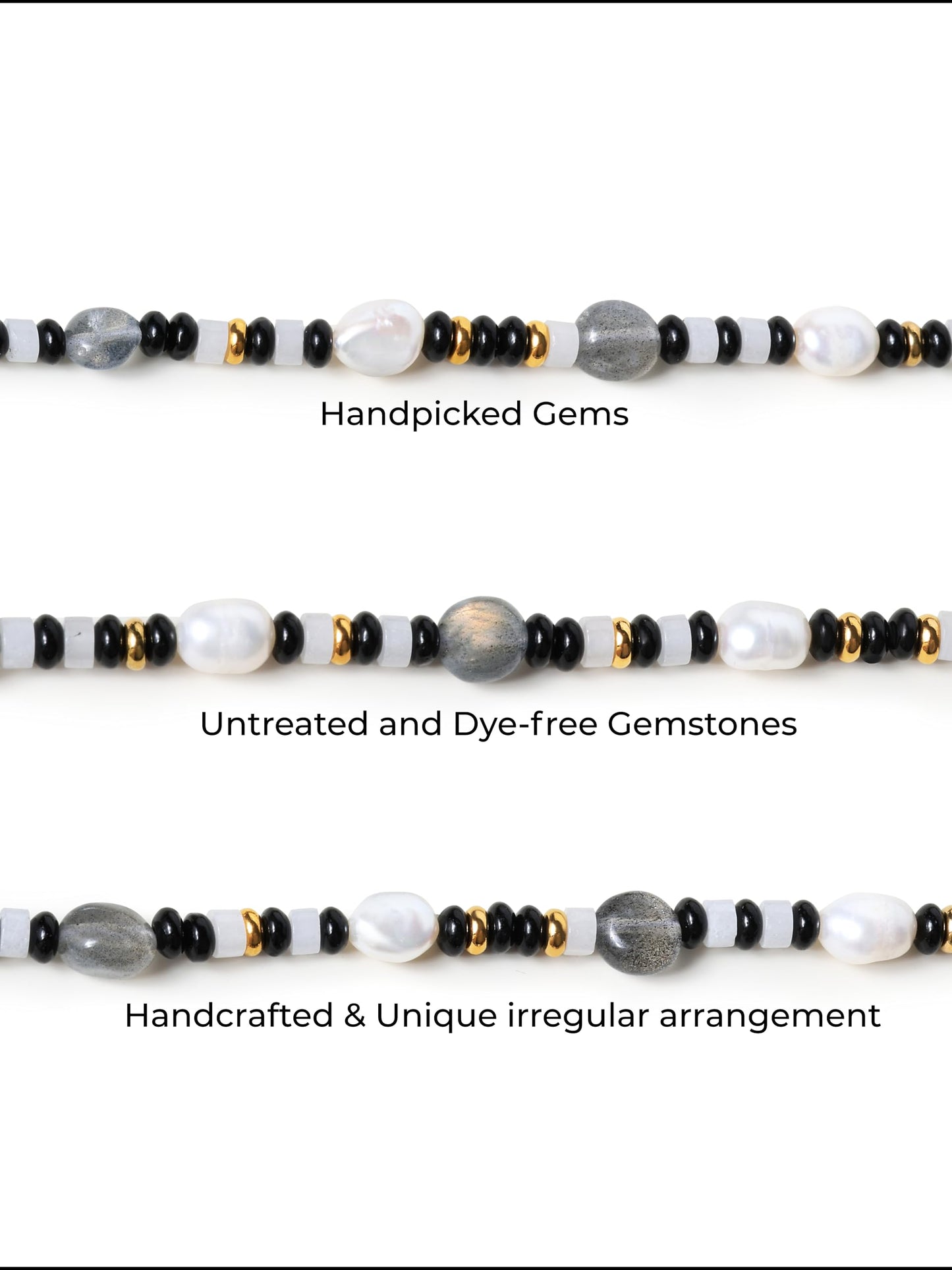 Natural Gemstone & Freshwater Pearl Bracelet for Women, 18K Gold PVD-Coated, Labradorite, Black & White Chalcedony(Large)
