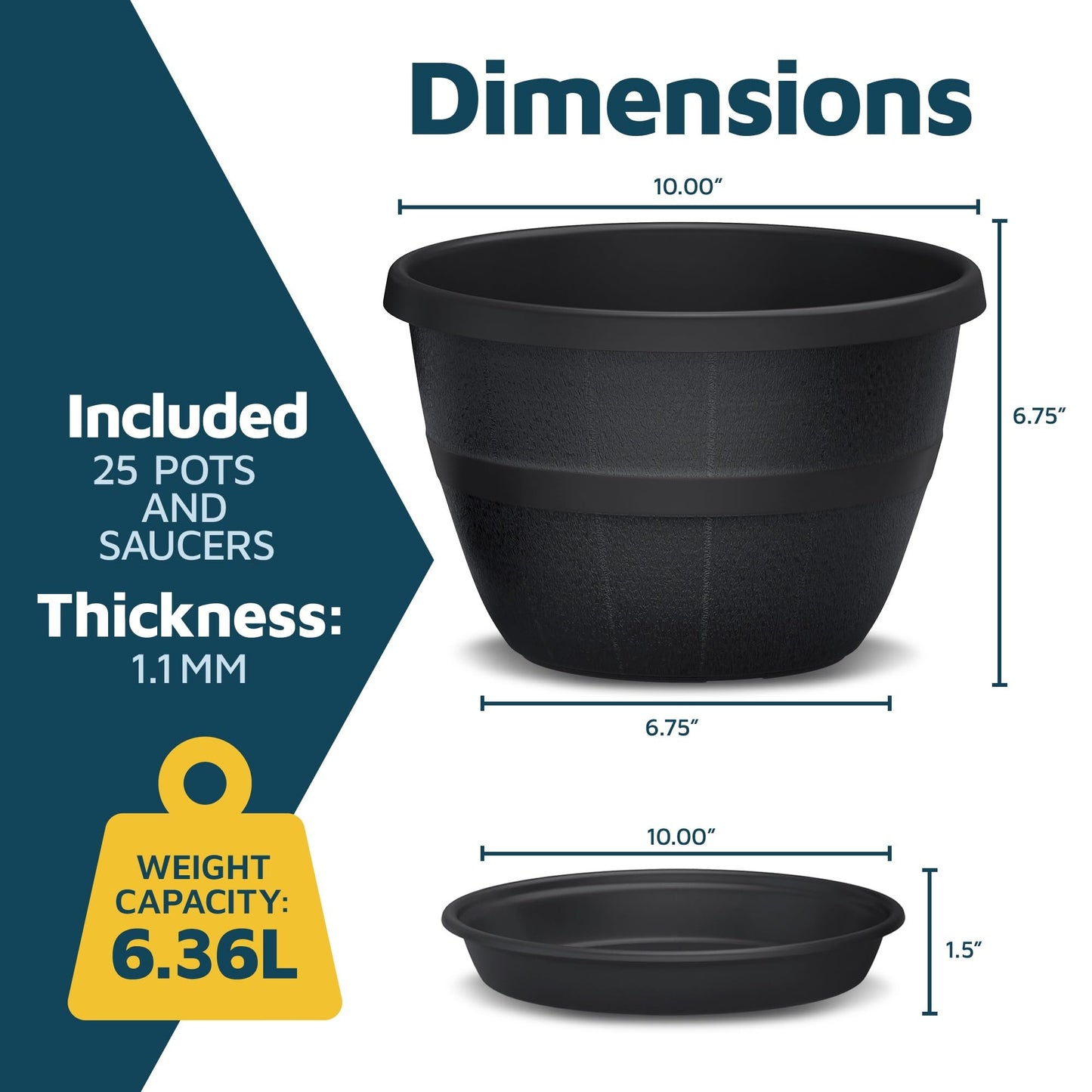 10-Inch Whiskey Barrel Planters Outdoor Pack of 25 - Durable Plastic Plant Pots for Indoor & Outdoor Use with Drainage & Saucer, Lightweight Rustic Barrel Planters for Flowers, Herbs & Small Plants