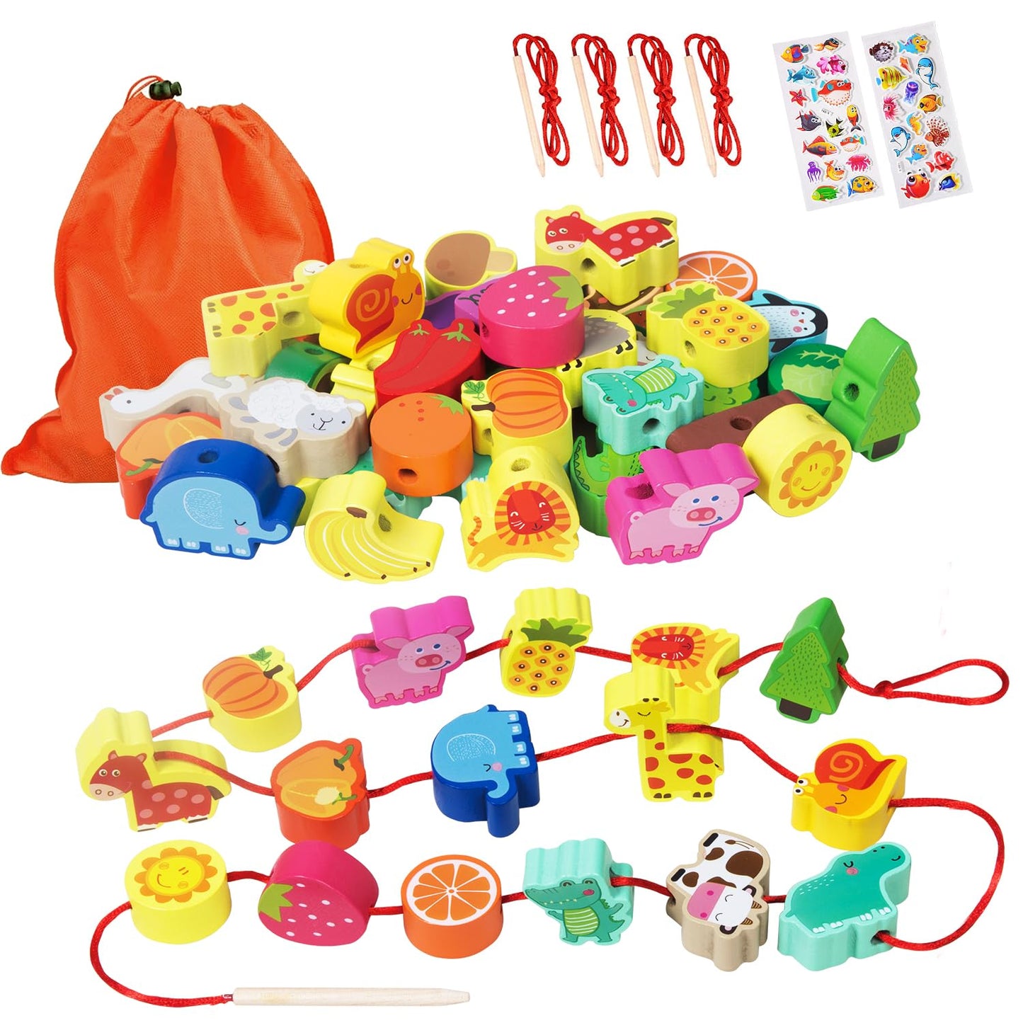 Montessori Educational Wooden Lacing Beads Toys for Toddler 3 4 5 Year Old, Farm Animals Fruits Vegetables Threading Toys Preschool Stringing Fine Motor Skills Toy for Boys Girls [with 3D Stickers]