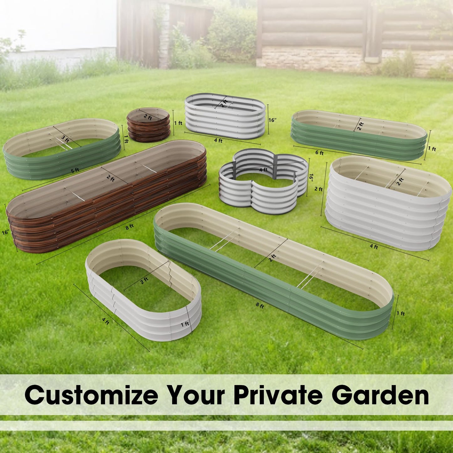 IDEA FAMILY 8x2x1ft Oval Galvanized Raised Garden Bed Outdoor 9-in-1 Large Metal Modular Planter Box Raised Beds for Gardening,Vegetables,Fruits,Flowers & Herbs (Green)