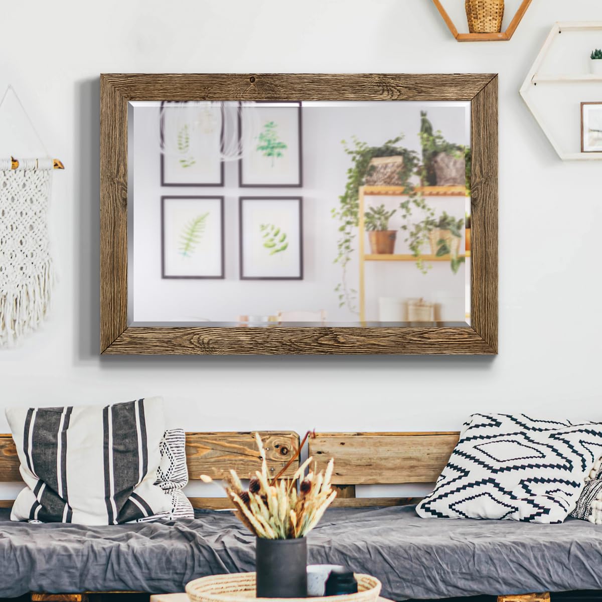 Renditions Gallery Rectangular Dark Room Walnut Wooden Framed Body Mirror Decor Farmhouse Wall Mounted Horizontal Decorative Mirror for Bedroom Living Room Bathroom - 41"x29" LT07