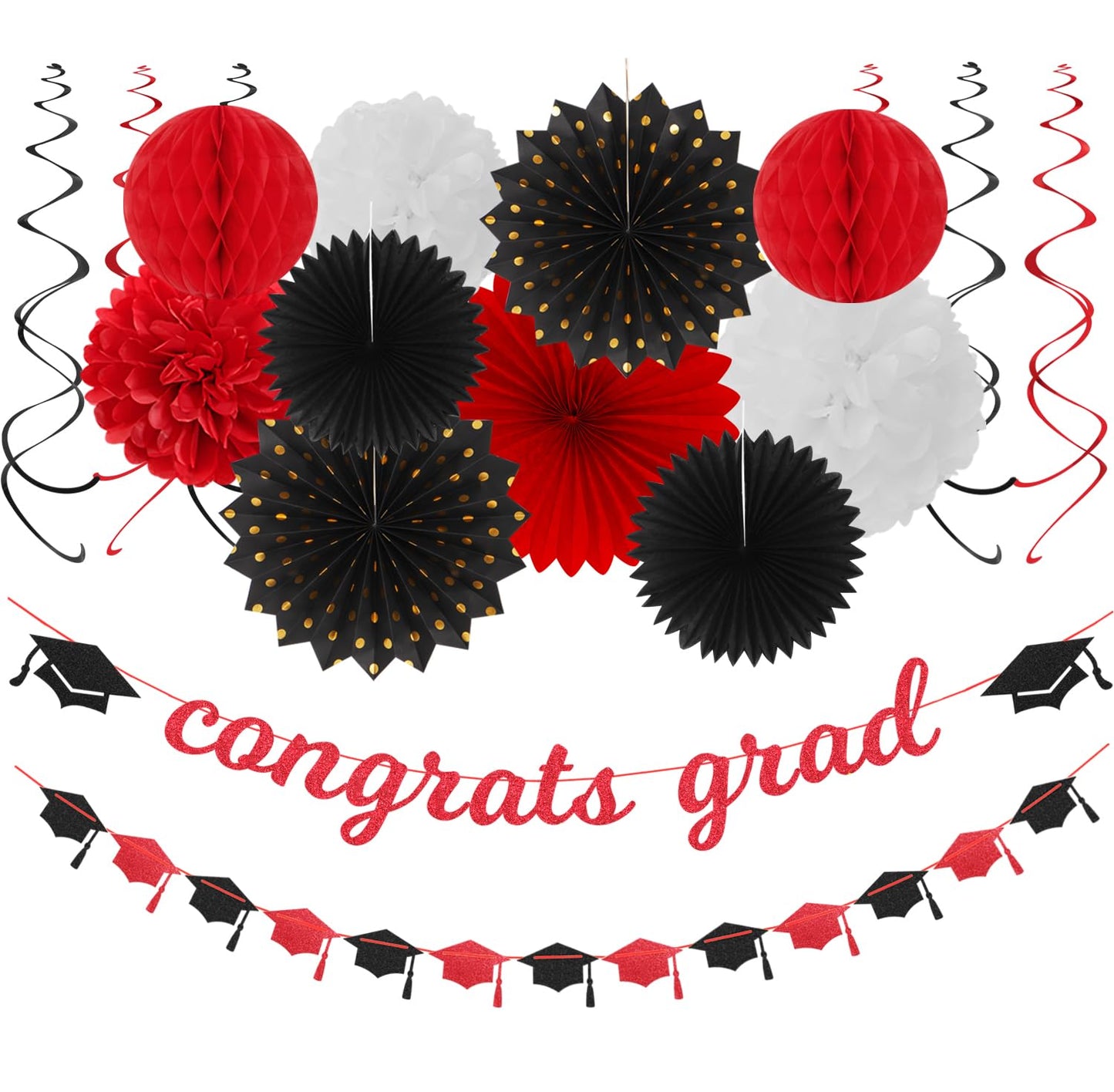 Red-Black White Party-Decorations Graduation Banner-Streamers - 18pcs Kits 2026 Congrate Grad Garland,Congratulations Paper Tissue Pom Poms Fan,Honeycomb Lanterns Decor Panduola