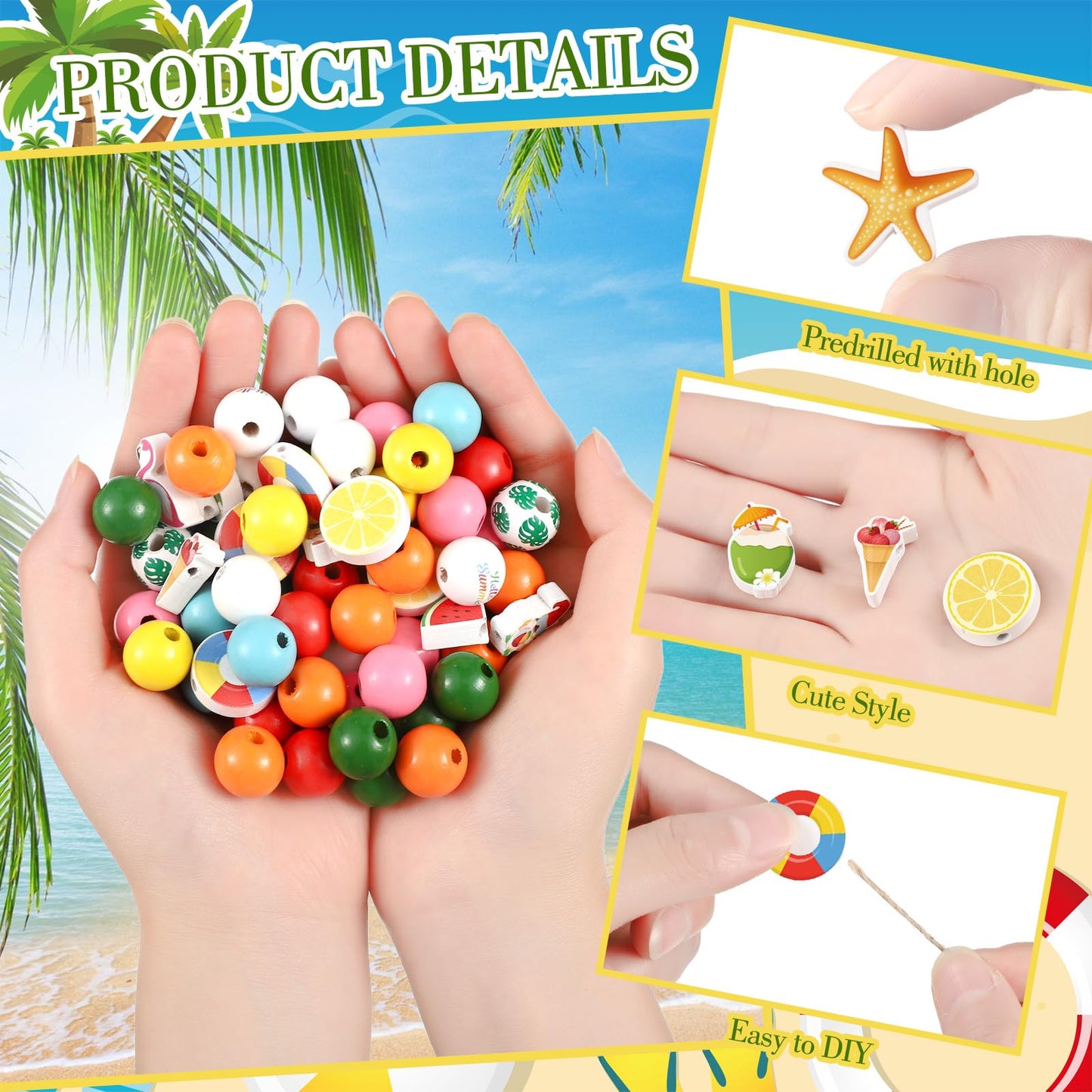 Ripeng 200 Pieces Summer Wood Beads Colored Wooden Beads Tropical Craft with Flamingo Palm Leaves Beach Hawaii Summer Bulk for DIY Garland Making
