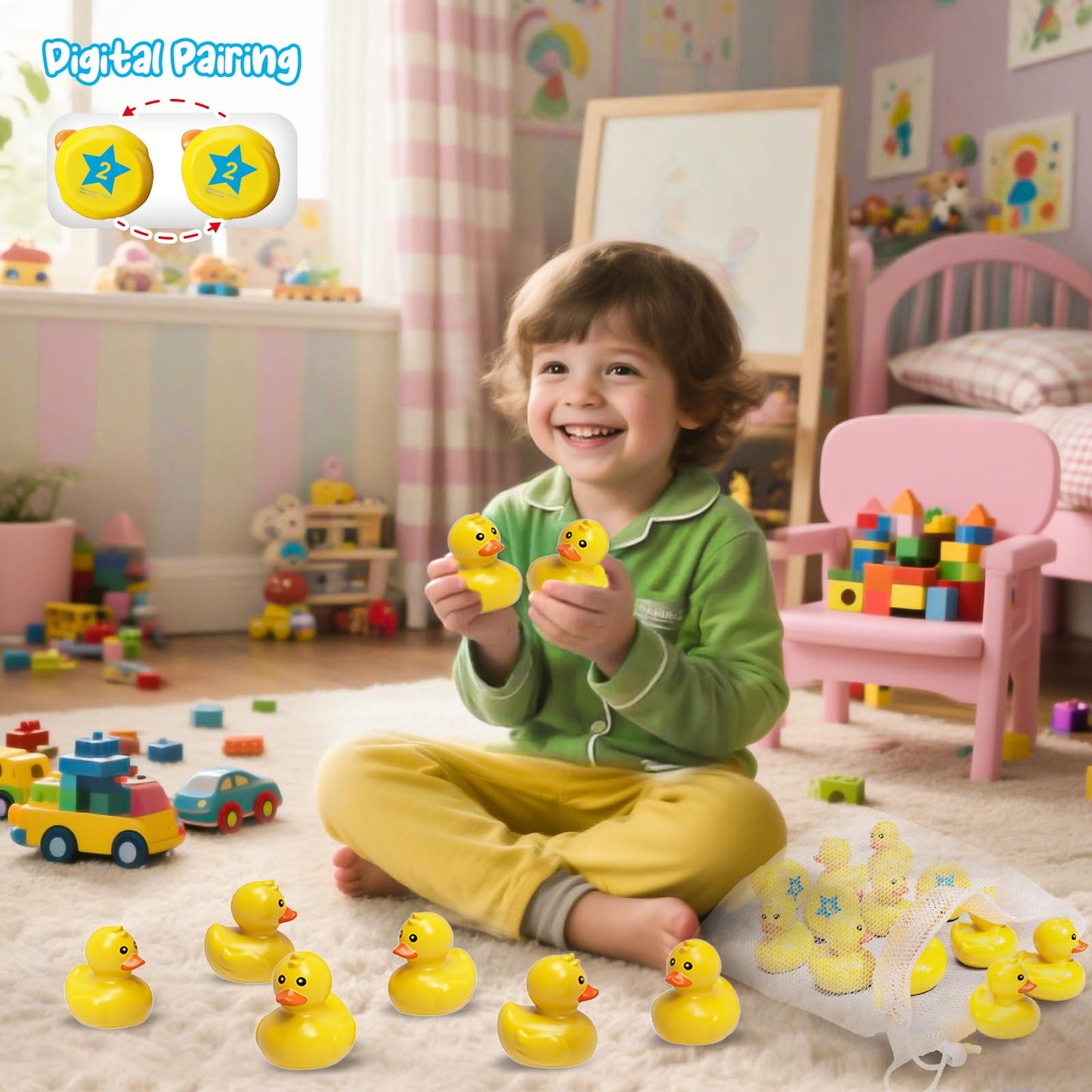 Duck Matching Bath Toys for Kids - 20 Plastic Ducks with Storage Bag | Fun Memory Games-Float Mini Duck Baby Bath Ducky Shower Toys-Water Outdoor Game for Children,Preschoolers,Birthday Party Carnival