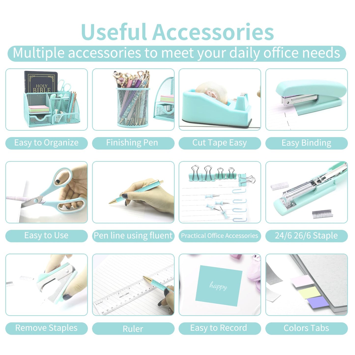 12 in 1 Green Desk Organizers & Accessories Set, Office Supplies Include Stapler, Pen Holder, Tape Holder, Scissors, Ruler, Staple Remover for Home & School