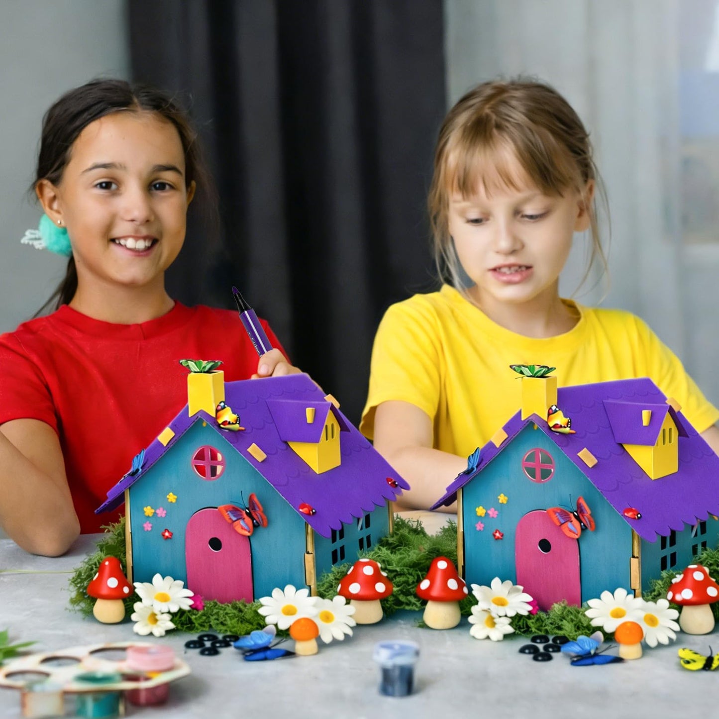 Cinrobiye 6 Pcs Fairy House Craft Kit DIY Miniature Fairy Garden with Coloring Pens Butterfly Flowers Accessories Creative Fairy Dollhouse for Arts & Crafts, Spring Party, Birthday, Easter DIY Gifts