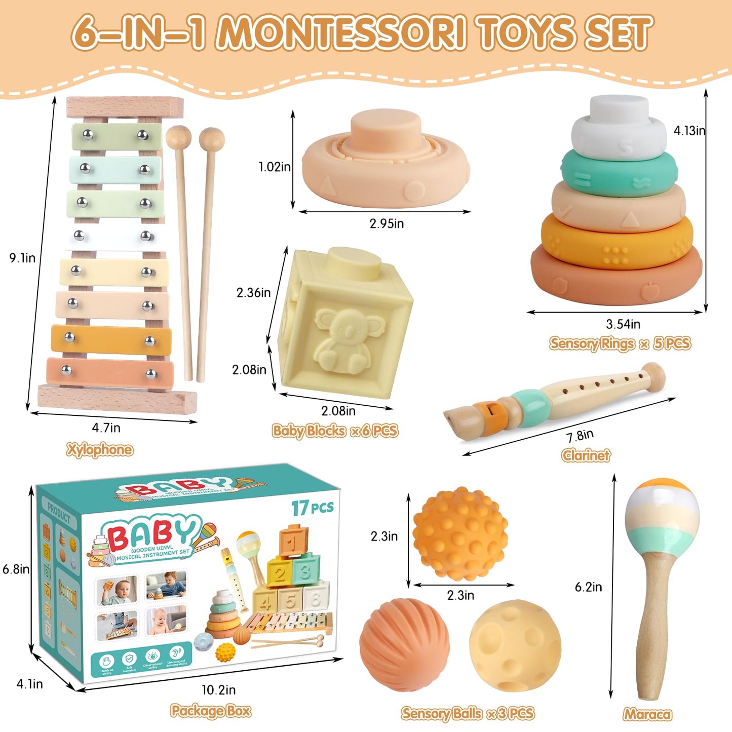 Wuzhineisn Baby Toys 6-12 Months Montessori Toys 6 in 1 Musical Instruments for Toddler, Stacking Blocks Development Learning Educational Toy with Wooden Xylophone Infant Baby Birthday Easter Gift