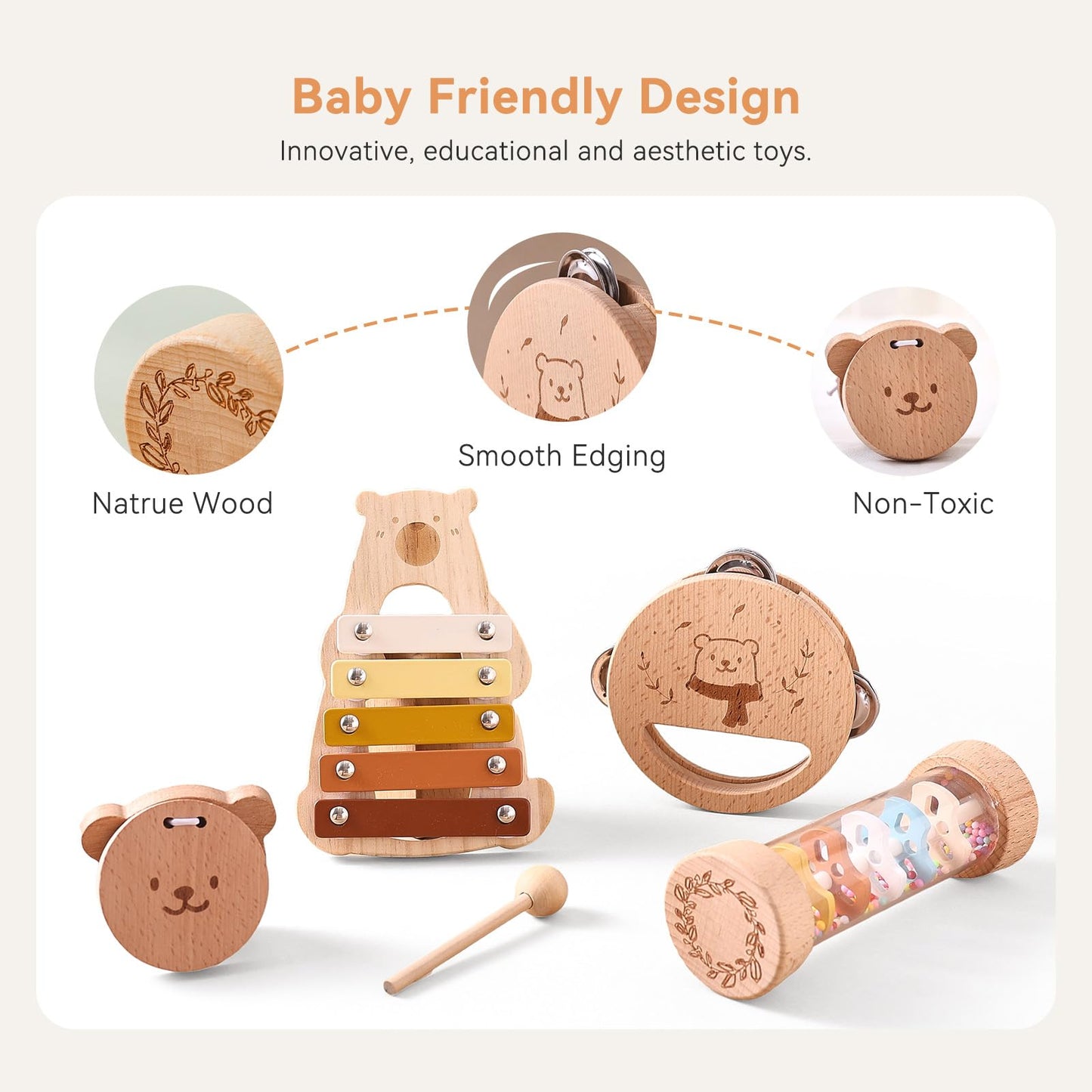 IEATFO Baby Musical Instruments - Your Child's First Musical Toys with Castanet Rainmaker Tambourine Xylophone - Baby Friendly Design Wooden Instruments Set Grow with Your Boys and Girls