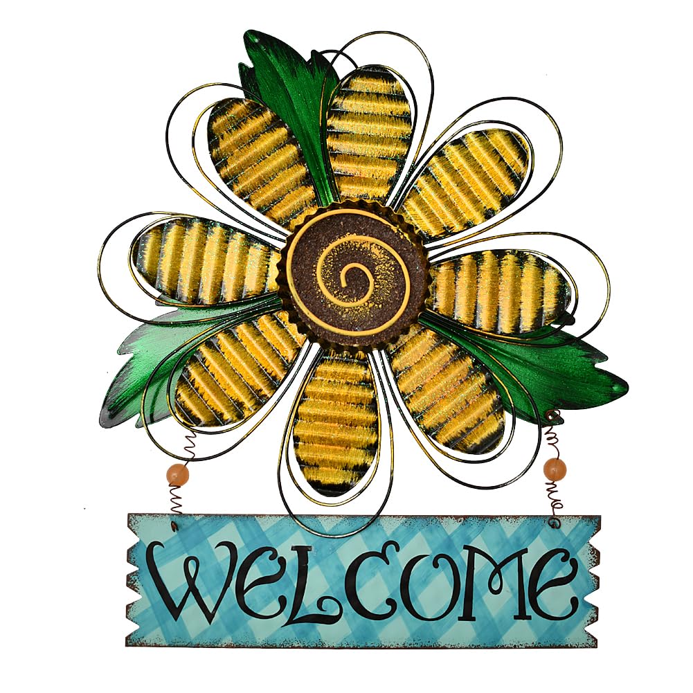 Metal Welcome Sign for Front Door - Decorative Flower Hanging Plaque Spring Wreaths Wall Art - Farmhouse Patio Garden Outdoor Decorations (Yellow, B)
