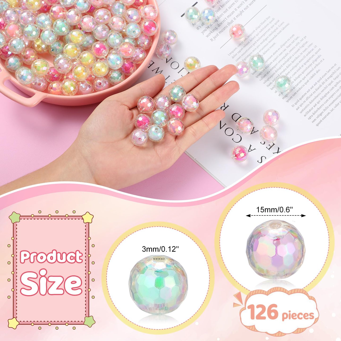 Hotop 126 Pcs Acrylic Beads, Bubblegum Focal Beads for Beadable Pen, Shiny Ab/UV Color Faceted 15mm 7 Colors Mixed Lots DIY Acrylic Round Bubble Jewelry Bracelet Making Gifts(Colorful)