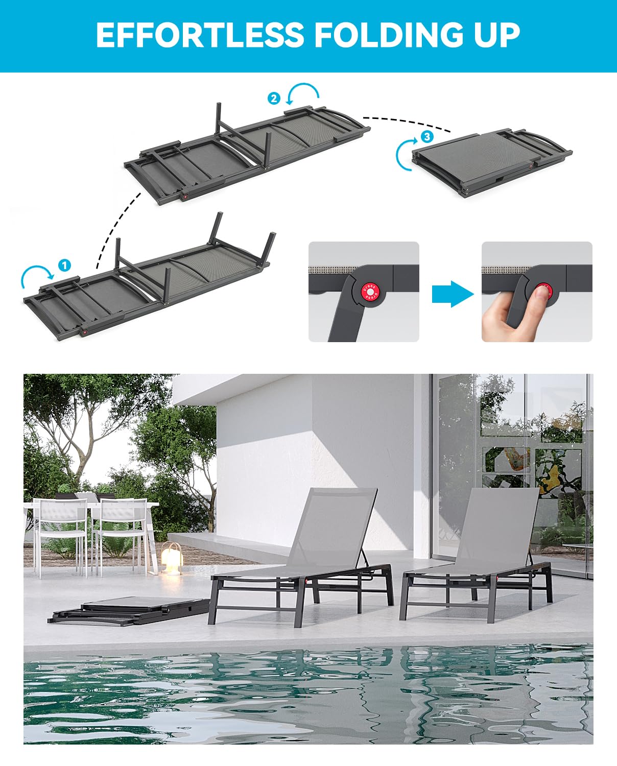 FHVIT Aluminum Chaise Lounge Chair Outdoor, Foldable Patio Lounge Chair Assemble-Free, Pool Lounge Chairs with 5 Adjustable Backrest, Outdoor Lounge Chairs for Outside Poolside Beach Lawn Grey