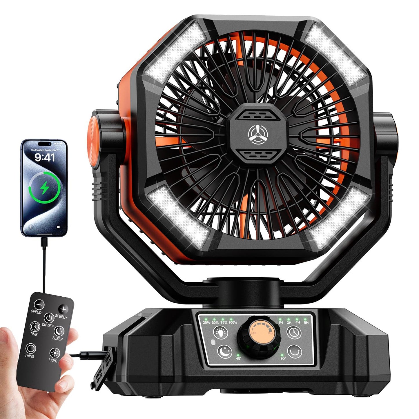Skytoo Camping Fan, 20000mAh Battery Powered Fan with LED Lantern, Rechargeable Battery Operated Oscillating with Remote Hook, 8 Speeds Outdoor Fans for Teny, Picnic, Fishing, Travel, Jobsite Black