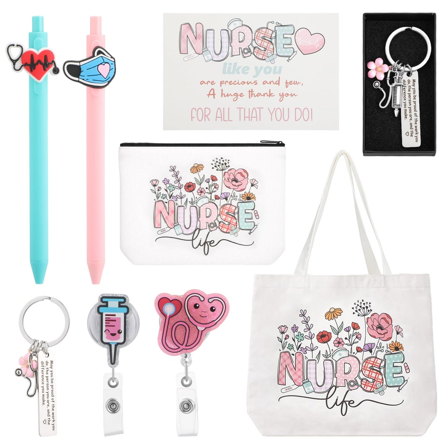 BESARME Nurse Gifts Set for Women, Nurse Essentials Graduation Gifts with Canvas Tote Bag, Keychain, Badge Reel Clips, Pens, Pouch, Greeting Card - Nurse Appreciation Gift