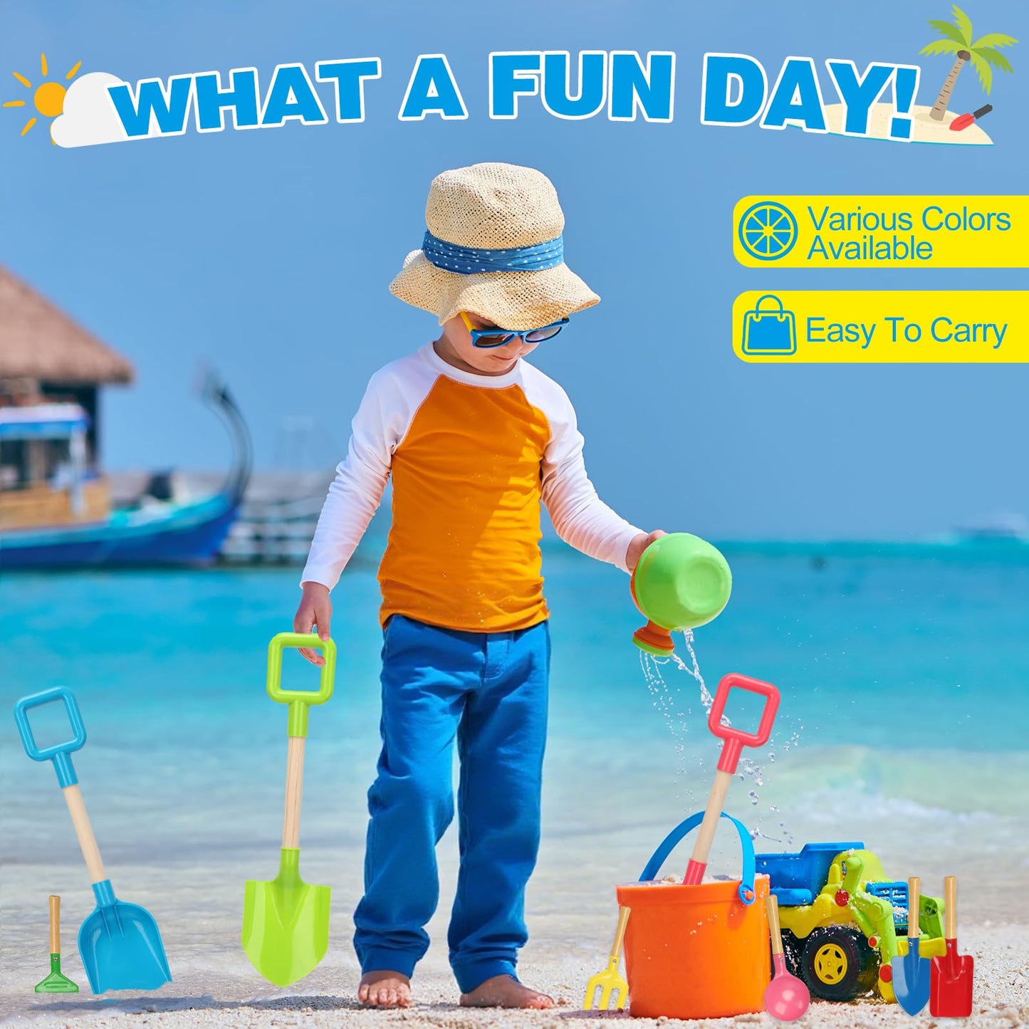 8 Pack Beach Sand Toy 16 Inch Long Beach Shovel Spade Sand Rake with Sturdy Wooden Handle Kid Garden Tools Spoon, Fork, Rake, Spade, Pointed Shovel Kids Gardening Set for Digging Dirt Snowing Planting