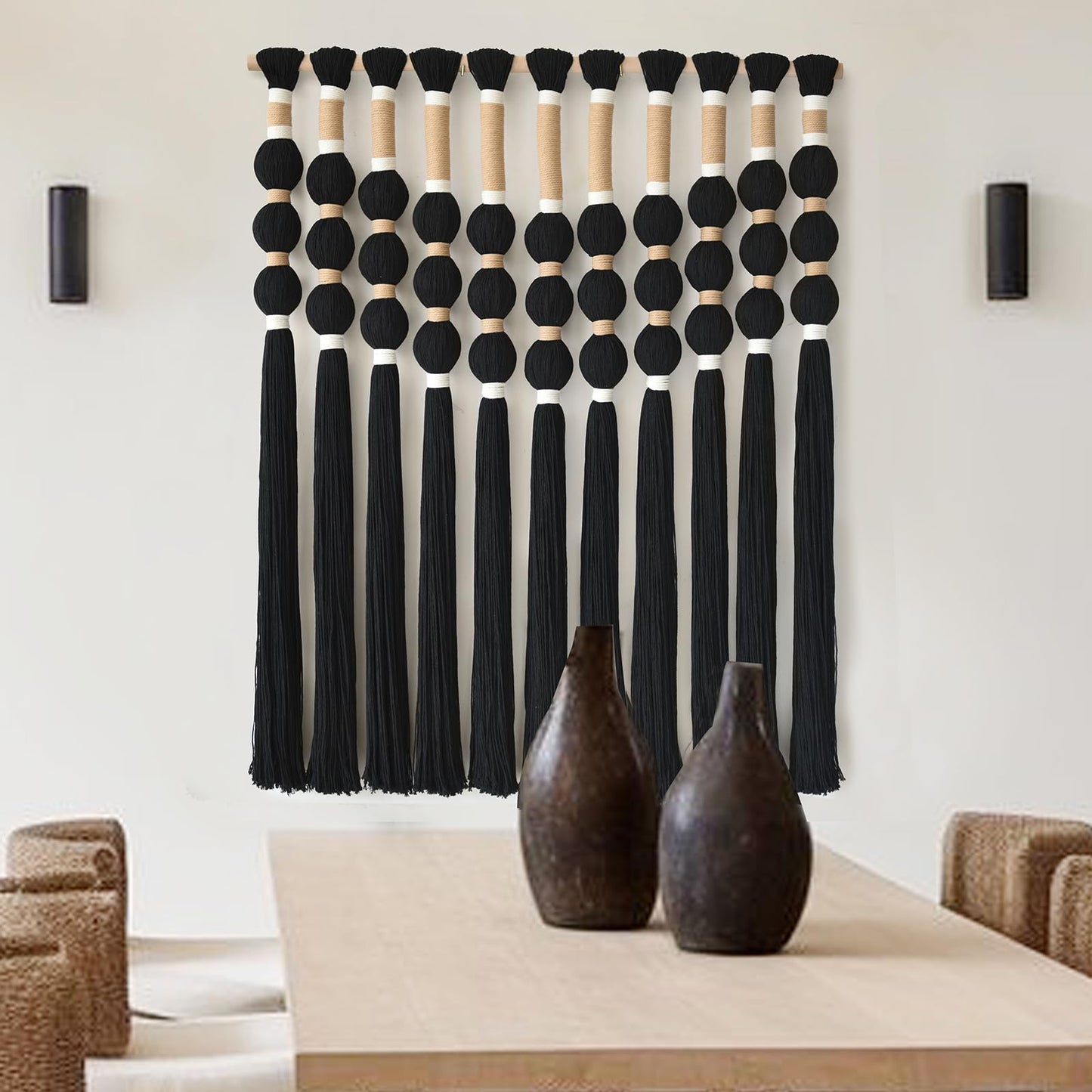 Macrame Wall Hanging Boho Wall Decor Black Fiber Yarn Wall Art Handmade Cotton Spherical Knot for Living Room Bedroom Nursery Office Home Decor27" W x 33" L