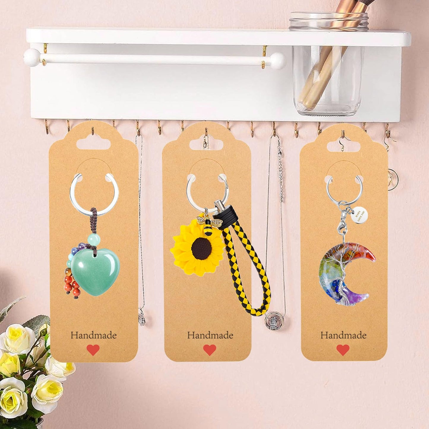 100PCS Keychain Display Cards with Clear Bags, 2.16'' x 6'' Handmade with Love Kraft Paper Jewelry Cards for Small Business Selling, Bulk Keychains Packaging Supplies (Brown)