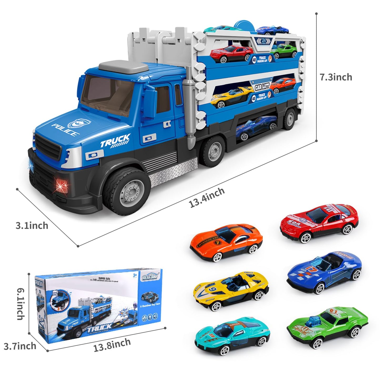 DOWELLIN 6 in 1 Transport Truck Toys for Kids, Police Trucks Carrier Cars with 6Pcs Metal Race Car with Light&Sounds, Toddler Vehicles Toys Gifts for Boys Girls Age 3 4 5 6 7 8-Blue
