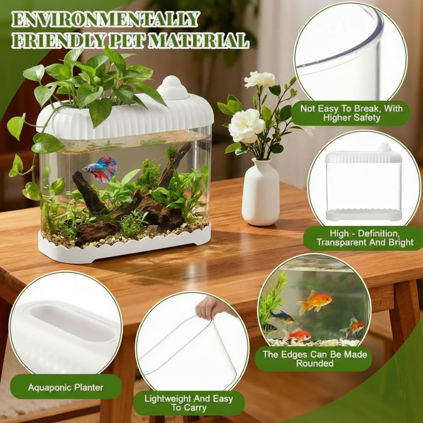 Geelin White 2 Gallon Plastic Aquaponic Betta Fish Tank Large Bowl Shatterproof Small Ecosystem Aquarium with Secure Buckle Lid, Clear Clarity for Terrarium, Flower Vase Betta Fish Tabletop Gifts