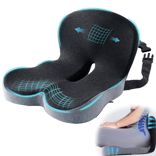 Ergonomic Seat Cushion with Adjustable Strap, Memory Foam Office Chair Seat Cushion with L-Shaped Design, Car Seat Cushion Fits for Truck Driver Semi Truck, Gaming Chair, Desk, Light&Dark Gray