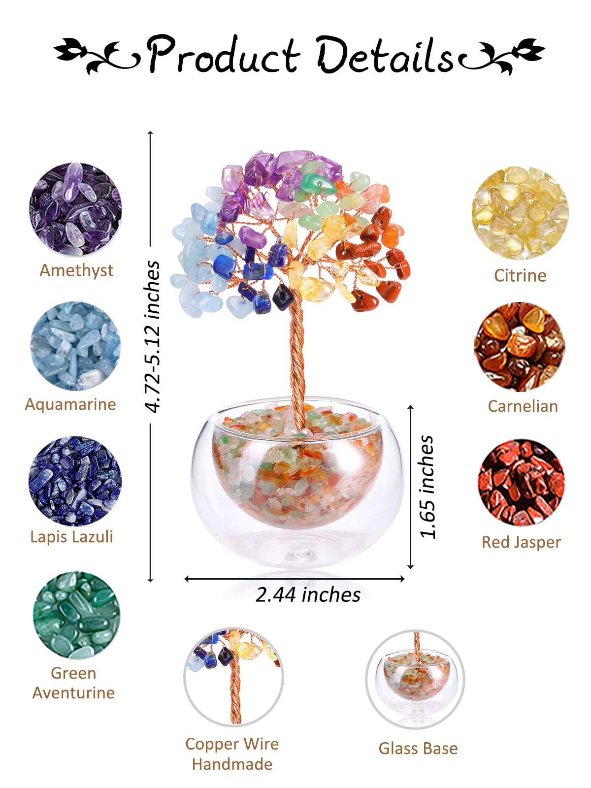 PESOENTH Chakra Tree Crystal Tree of Life,7 Chakra Stones Healing Crystal Gemstone Trees Reiki Positive Energy Gifts for Women Mom Birthday,Spiritual Chakra Decor Gifts for Home Room Office